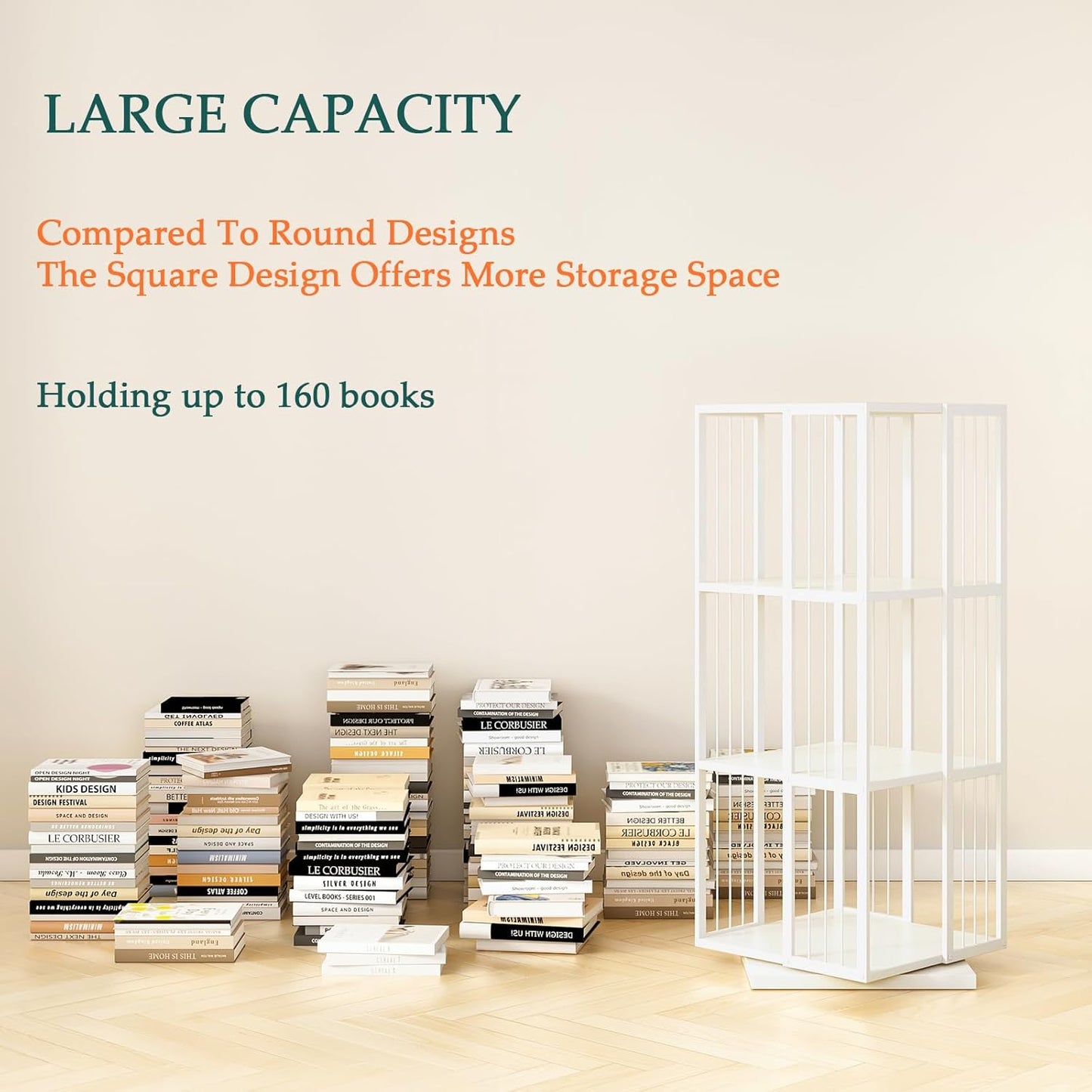 Square Rotating Bookshelf Tower - 360 Spinning Display Corner Bookcase for Narrow Space, Modern 3-Tier Revolving Storage Shelf, White