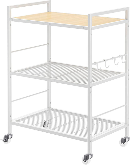 3-Tier Metal Storage Rack with Industrial Wheels,Mesh Shelving Unit with Wooden Table top,Adjustable Shelf,23.6-Inch Width,15.8-Inch Depth, for Kitchen, Laundry,Pantry,Plant,white