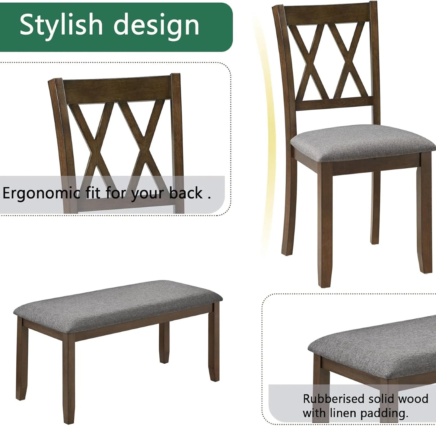 Dining Table Set, Wooden Kitchen Table Set with Rectangular Table, 4 Vertical X Backrest Upholstered Chairs & a Bench, Table and Chairs with Non-Slip Feetmats for 6 People, Living Room, Walnut