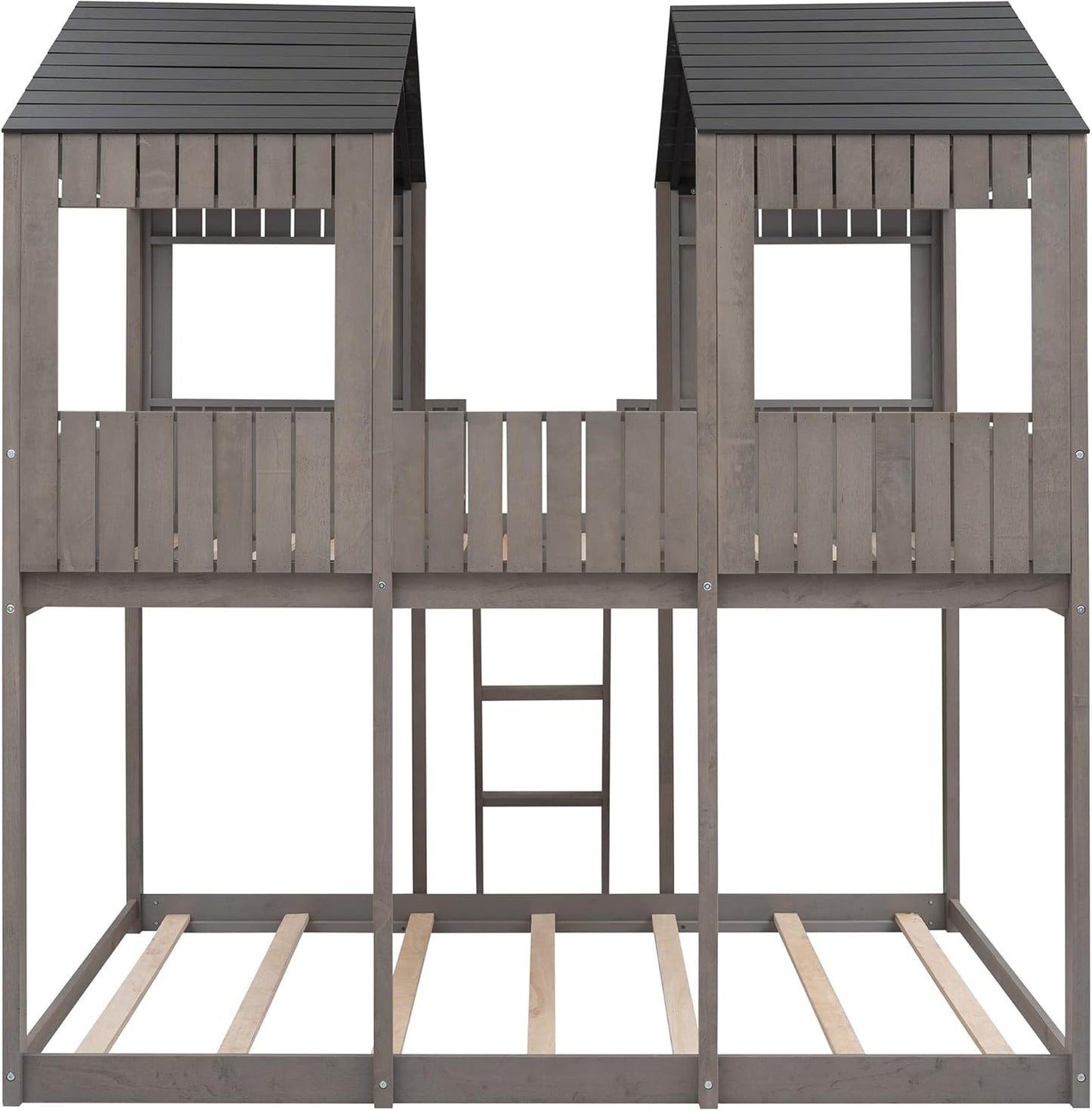 Ball & Cast Full Over Full Size Playhouse Bunk Bed with Roof and Window,Wood Bunkbed w/Full-Length Guard Rail & Ladder,Slat Support,Space Saving,Bedroom Furniture for Student Dorms,Antique Gray