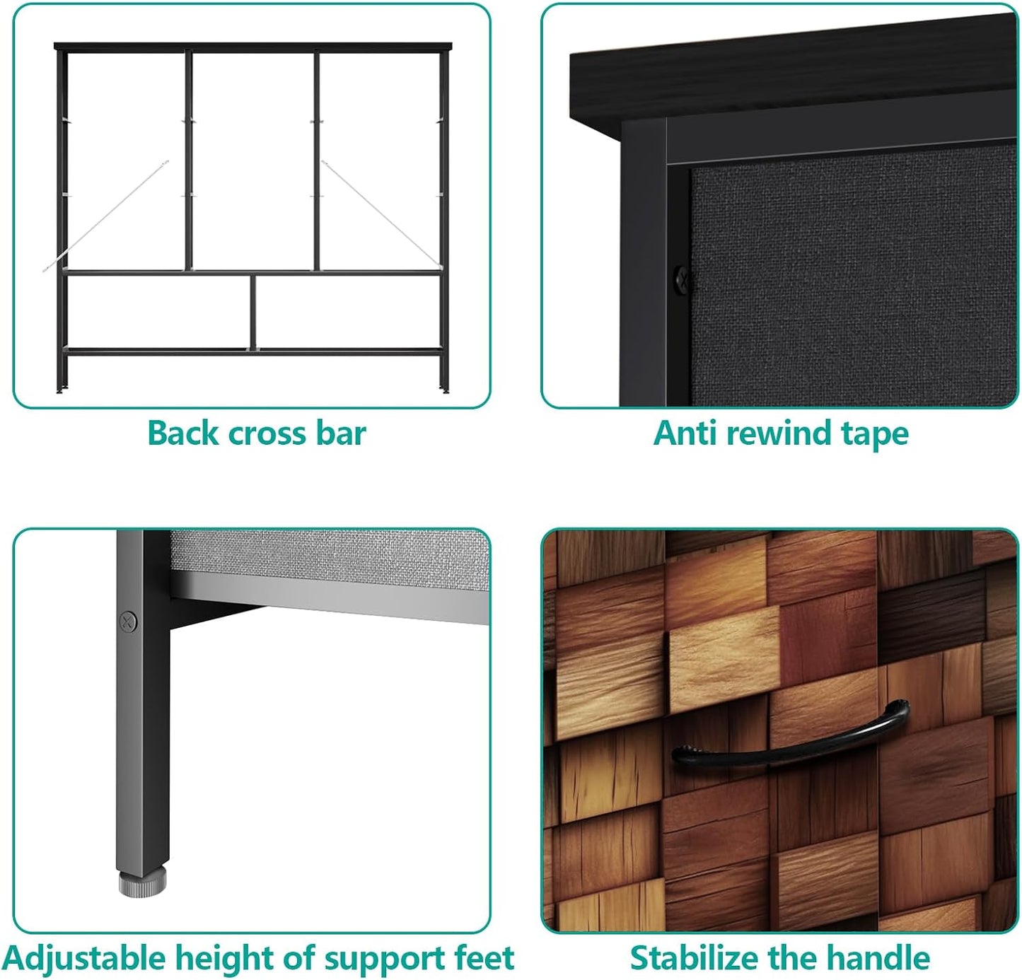 TV Stand with 9 Drawers, Chest of Drawers with Fabric Bins, Black Wood Top Dresser for Bedroom, Storage Organizer Cabinet for Closet (Brown)