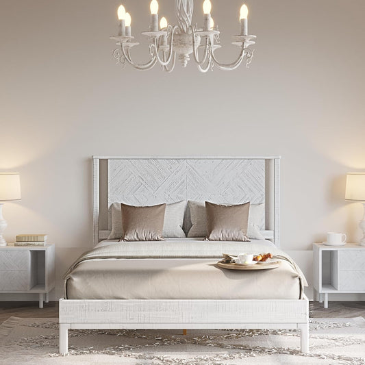 Bme Ethan Queen Bed Frame with Diamond Headboard, Mid-Century Modern, Solid Acacia Wood, No Box Spring Needed, Fits All Mattresses, Rustic White