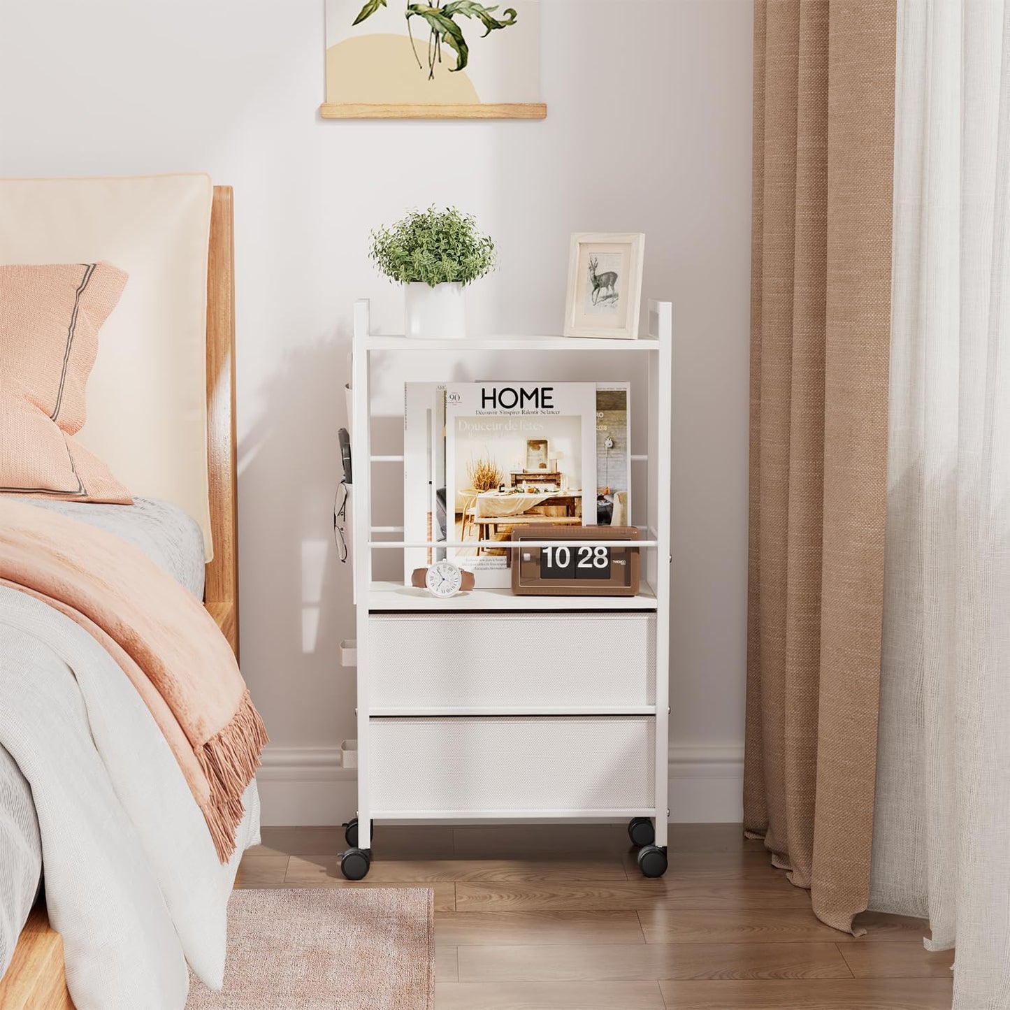 Small Narrow Side Tables for Small Spaces, Skinny Bedside End Table Nightstand with Drawers&Wheels, Slim Desk Stand Magazine Rack with Storage Bag for Sofa Living Room Couch Bedroom (White)