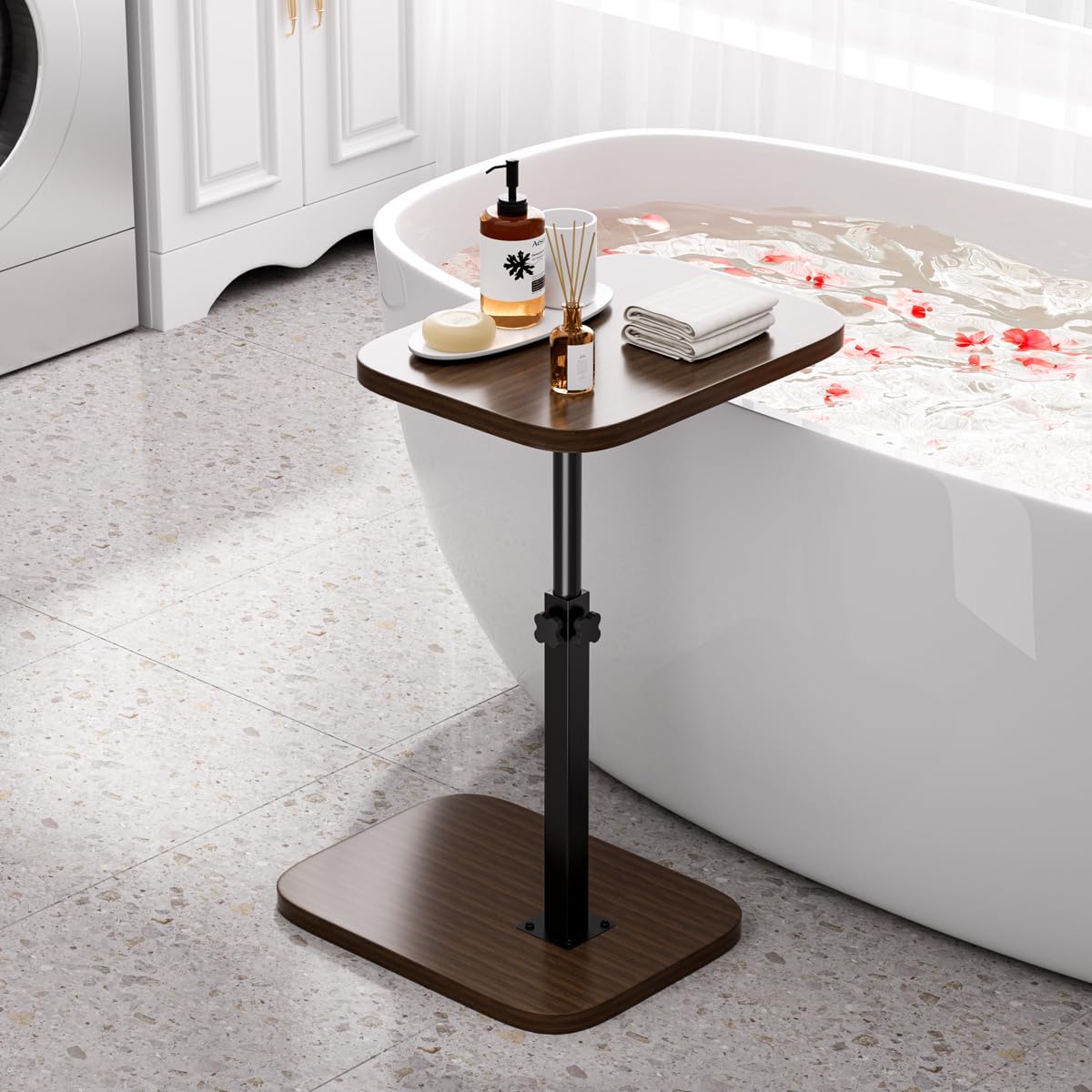 Adjustable Side Table TV Tray, C Shaped End Table, Small Bedside Table, Mid Century Modern Accent Nightstand for Living Room, Bedroom, Corners and Office (Walnut)