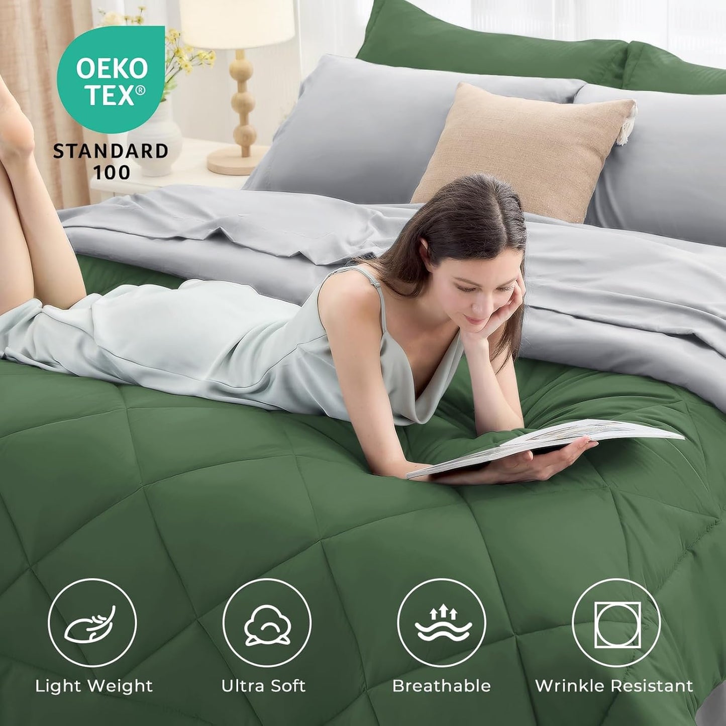 HEVUMYI King Comforter Set - 7-Piece All Season Bed in a Bag King, Ultra Soft Bedding Set with Comforter, Flat Sheet, Fitted Sheet, Pillowcases, Pillow Shams, Green & Light Grey