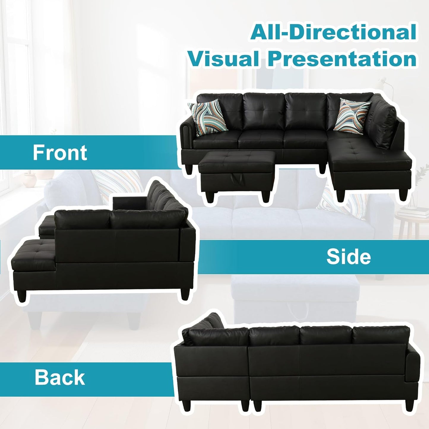 Couches for Living Room Faux Leather L Shaped Couch Comfy 3 Pieces Sectional Sofa with Chaise, Ottoman with Storage for Office and Small Apartment, Classic Black