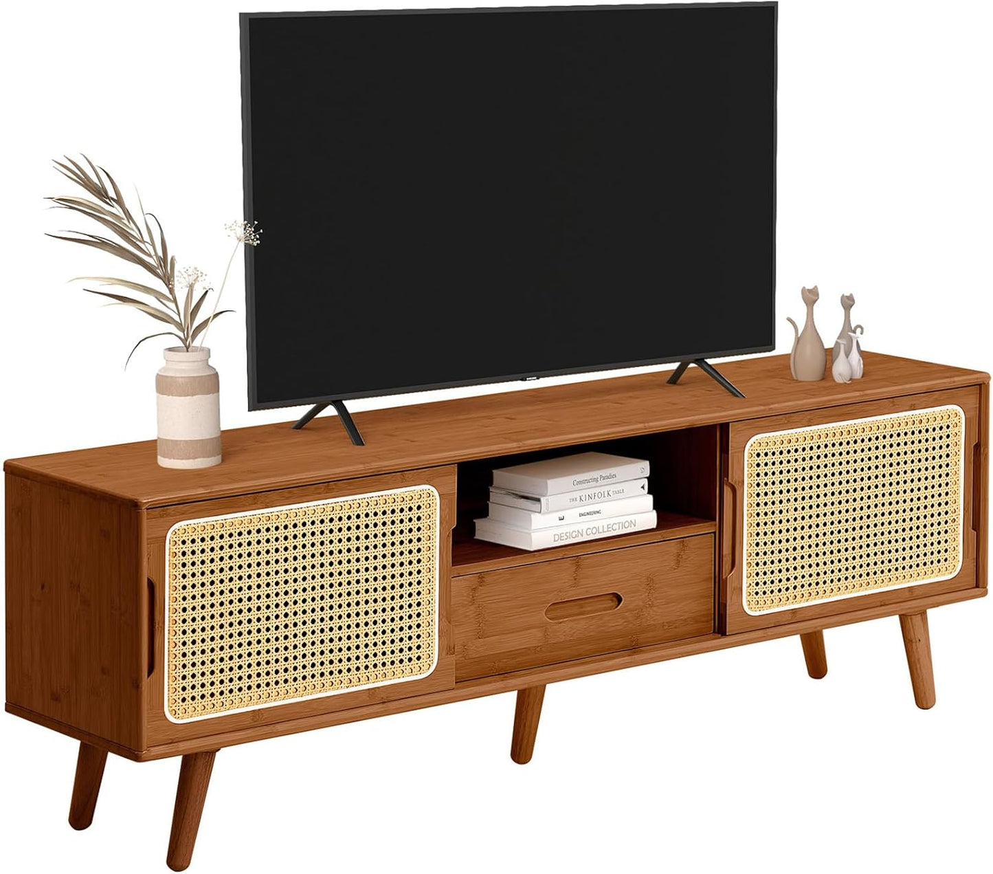 HollyHOME Bamboo TV Stand with Storage for TVs up to 65", Modern Entertainment Center with Rattan and Drawer, Accent TV Table with 2 Shelf, Media Console Cabinet for Living Room, Bedroom, Walnut