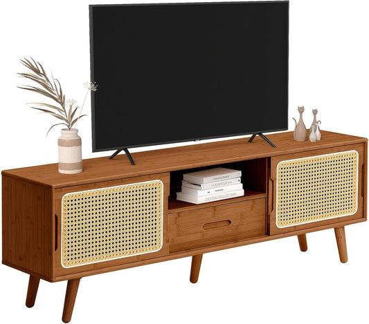 HollyHOME Bamboo TV Stand with Storage for TVs up to 65", Modern Entertainment Center with Rattan and Drawer, Accent TV Table with 2 Shelf, Media Console Cabinet for Living Room, Bedroom, Walnut