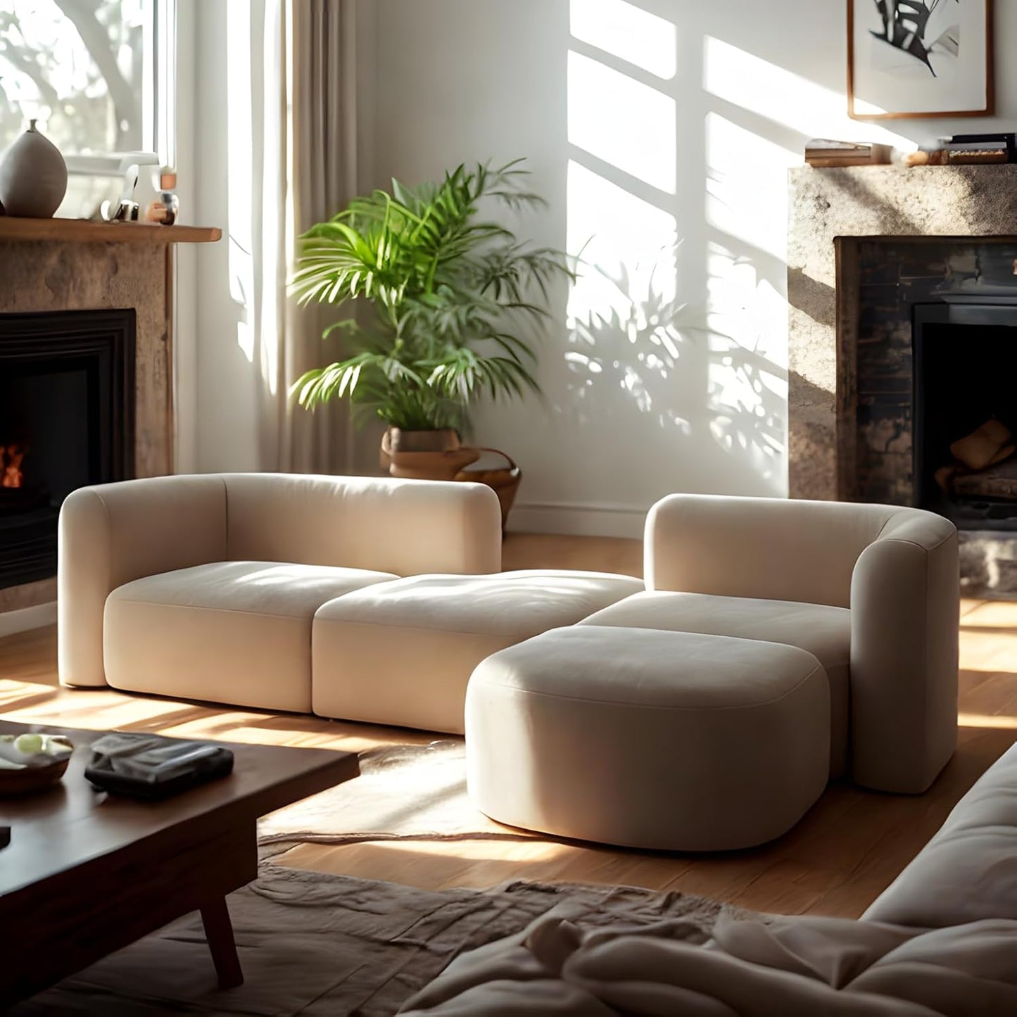 Acanva Luxury Modern Tight Curved Back Velvet Sofa, Minimalist Style Comfy Couch for Living Room Apartment, 4 Seater Modular Sectional, Cream