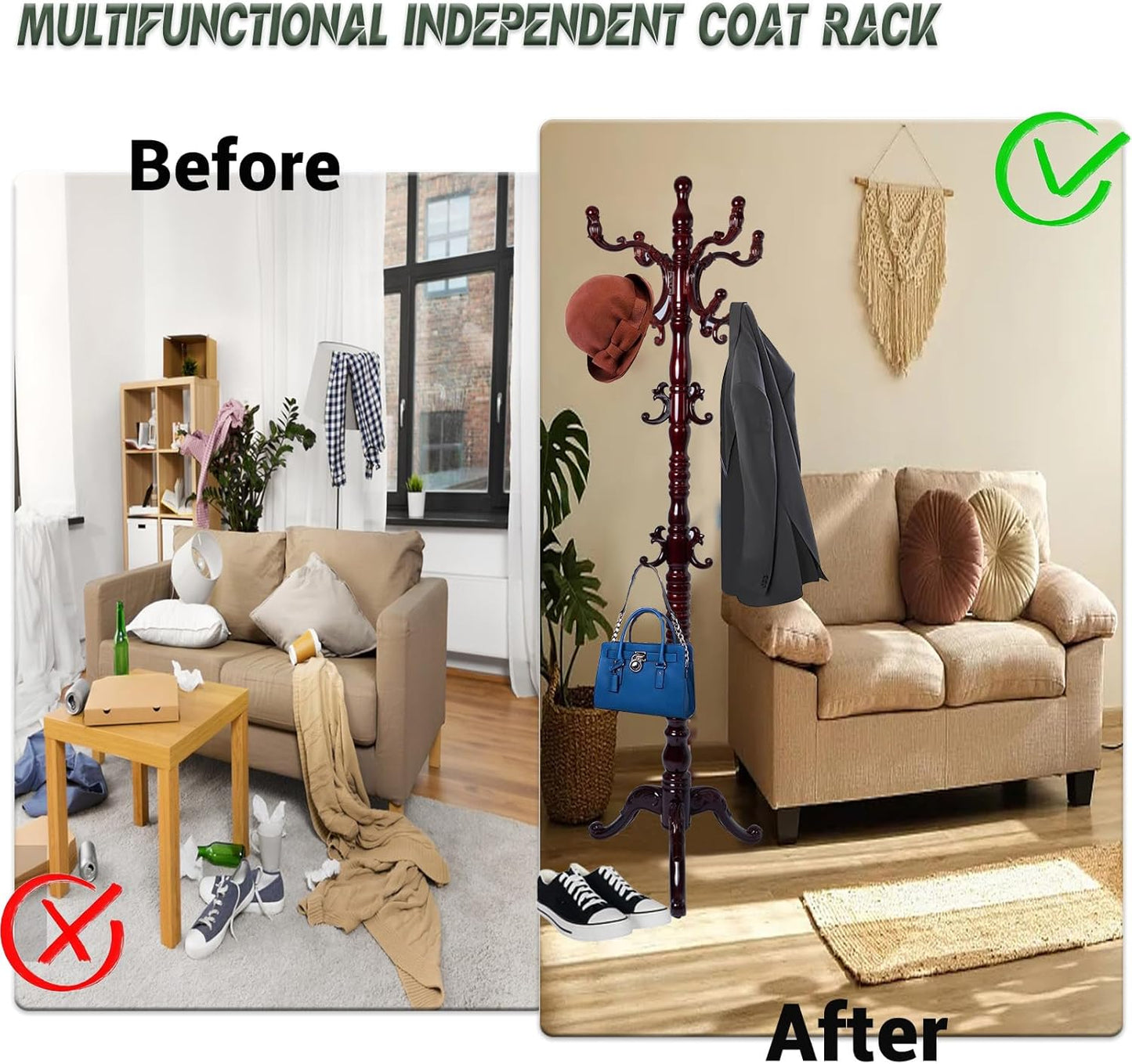 73" Wooden Coat Rack Stand,Coat Racks Freestanding With 14 Hooks And Solid Round Base Heavy Duty Adjustable Height Hall Tree Coat Rack for Entryway Hallway Foyer Office Bedroomf (3-Legged Redwood)