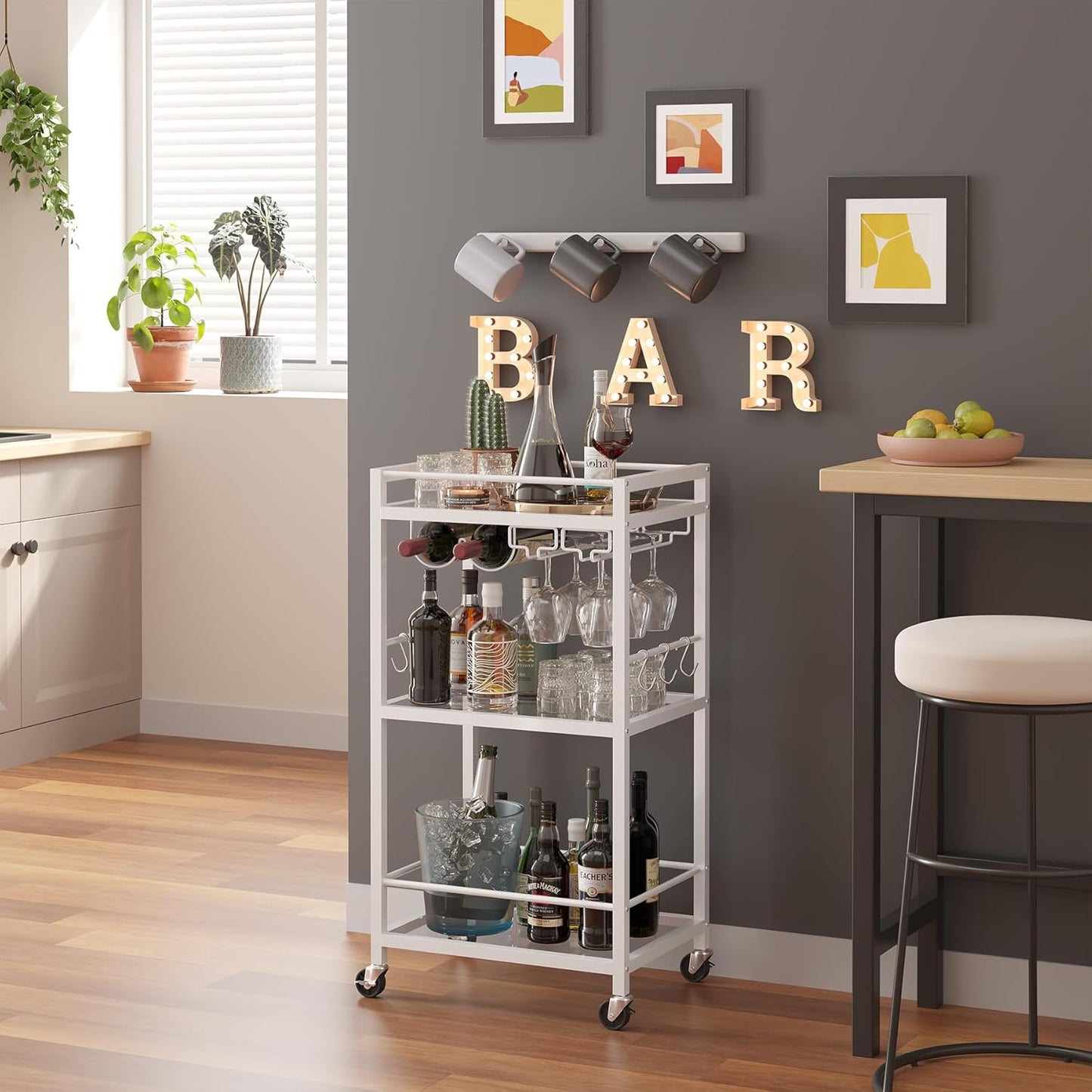 TUTOTAK Bar Cart, Home Bar Serving Cart, Drink Cart with 3-Tier Mirrored Shelf, Mobile Kitchen Shelf with Wine Rack, BC01BW033
