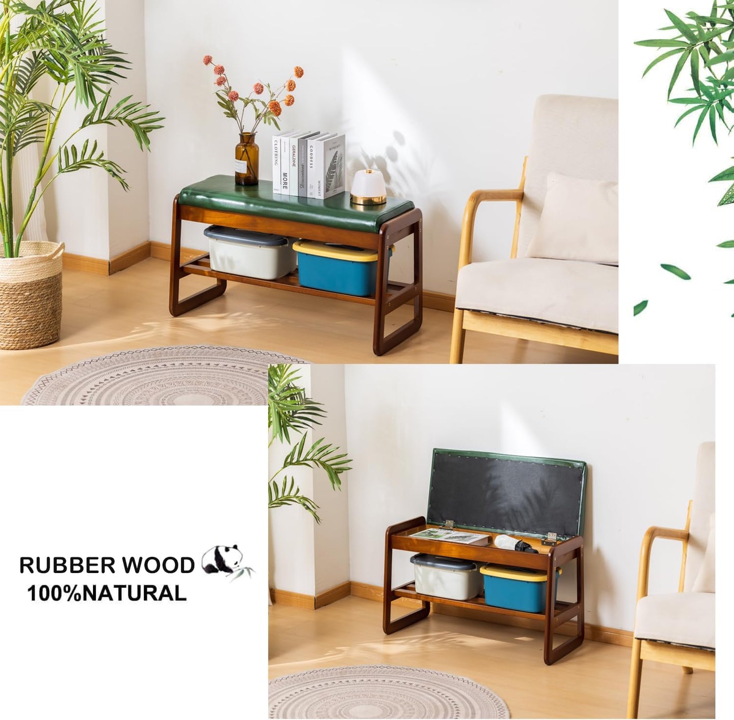 latifolia Solid Wood Bench, Entryway Shoe Bench with Cushion, Flip-Open Storage Compartment, 2-Tier Shoe Organizer(Green,39.70''L)