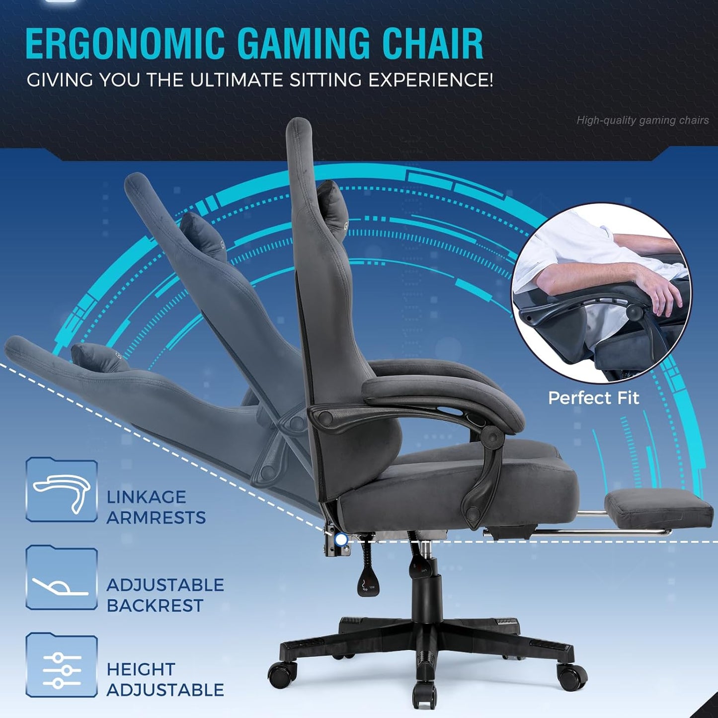 GTPLAYER Gaming Chair Fabric with Pocket Spring Cushion, Big and Tall Gamings Chairs 350LBS High Back Computer Chair with Footrest for Adults Lumbar Support Swivel Game Chair for Office Light Gray