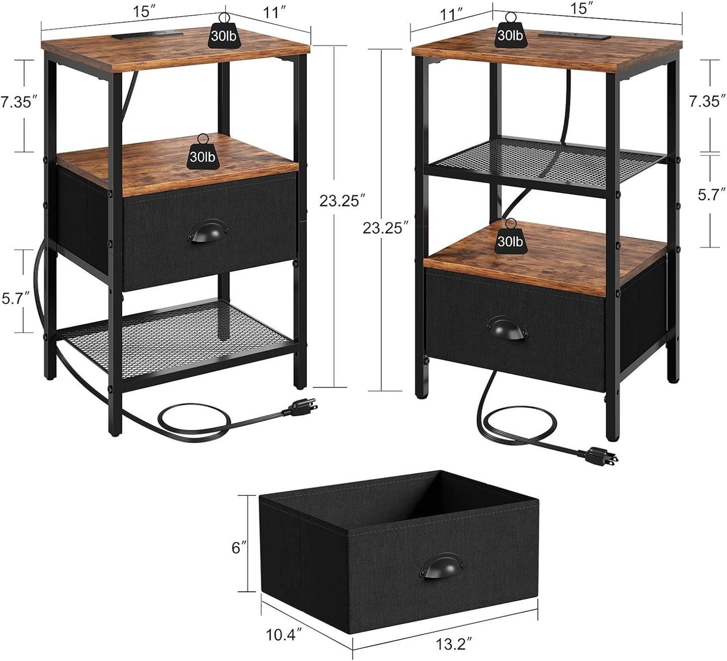 Sthmec Nightstands with Charging Station, LED Bedside Tables with Charging Station and Fabric Drawer, Night Stand with Storage, 3 Tier Side Table with Open Shelf,Nightstand Bedside Table,Rustic Brown