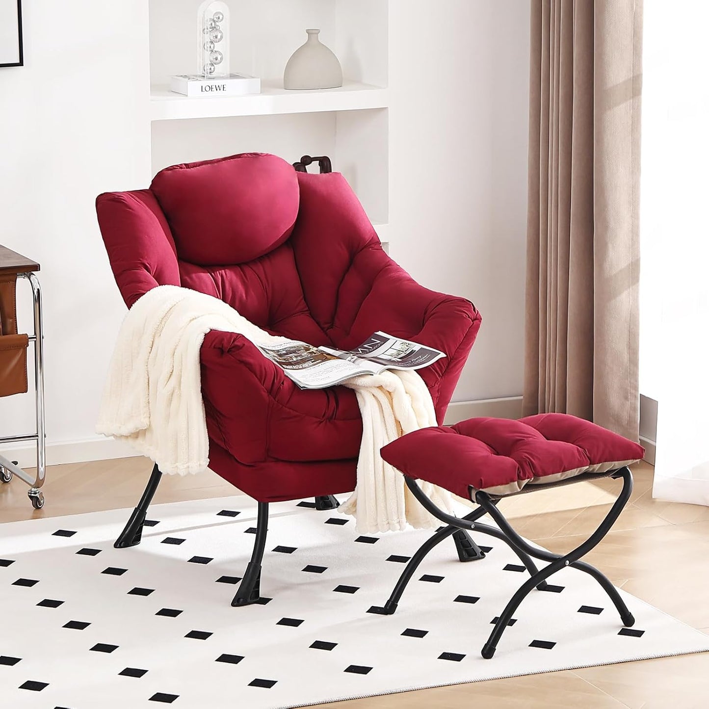 Lazy Chair and Ottoman, Large Accent Lounge Chair with Armrests and a Side Pocket, Modern Leisure Upholstered Sofa Reading Armchair with Footrest for Bedroom, Living Room, Dorm Rooms, Office