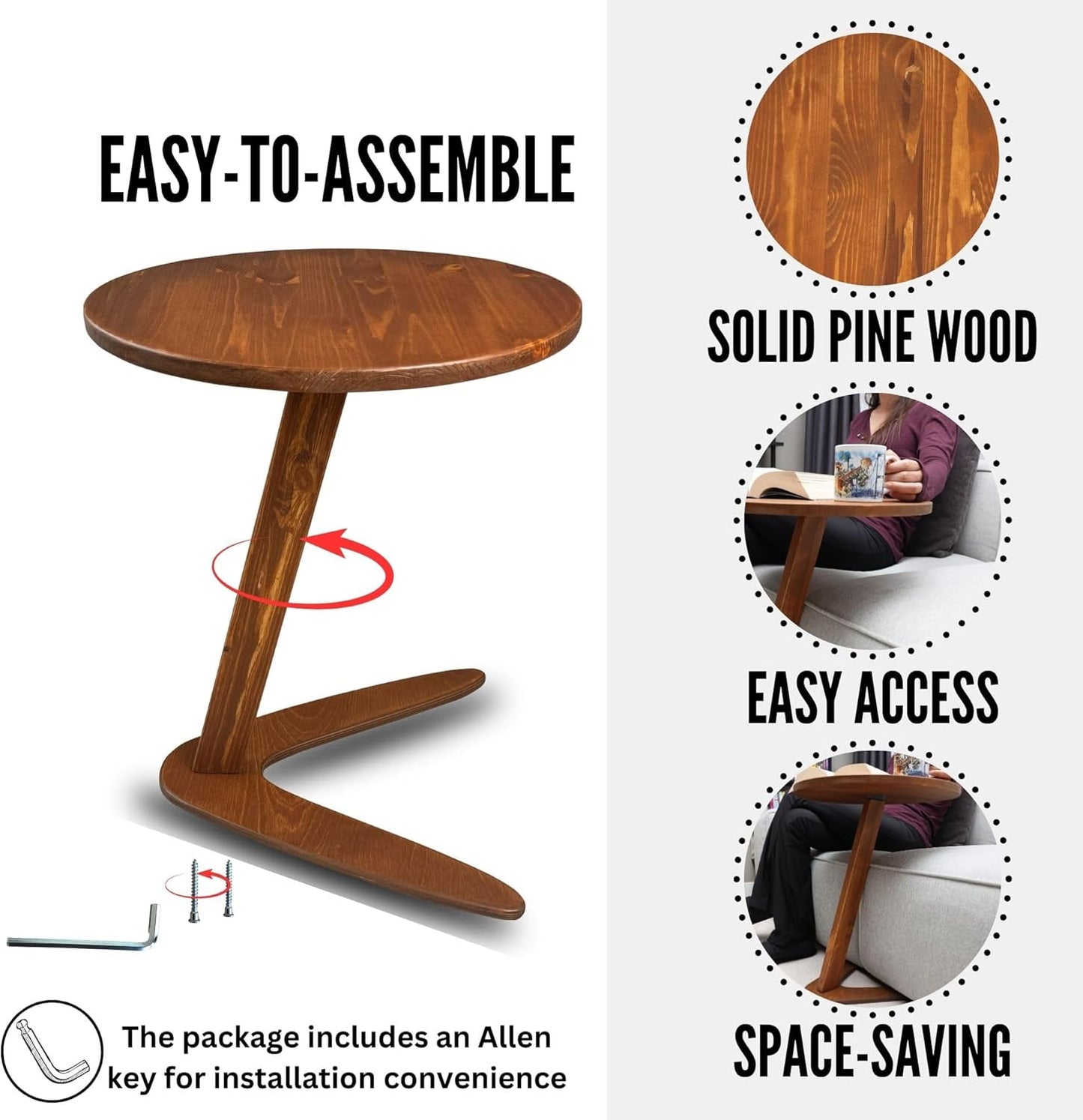 C-Shaped Handmade End Table, Side Table for Couches, Sofa Tables Slide Under Couch for Living Room, Over Couch TV Tray Table for Small Spaces (Large, Chestnut)