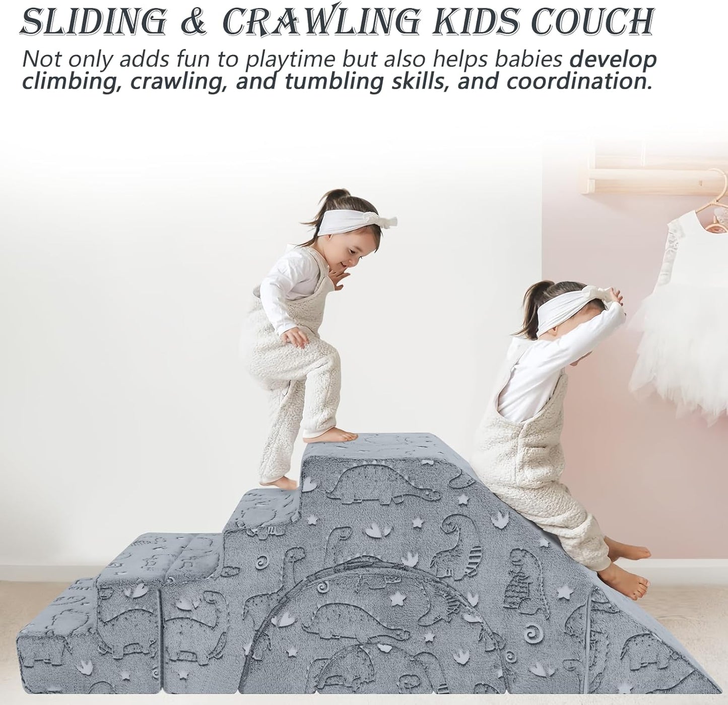 MeMoreCool Foam Climbing Toddler Couch, Modular Kids Sofa with Slide & Stair, Convertible Baby Couch for Playroom, Sectional Furniture for Crawling, Climbing, and Kids’ Play