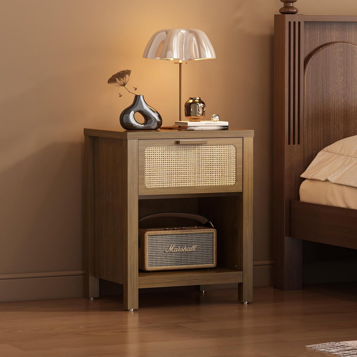 Rattan Nightstand, Mid Century Modern Bedside Table with Opening Storage,Large Side Table with Drawer,Boho Night Stand,Wooden End Table,Handmade Solid Wood Handle,Walnut CTG65BR