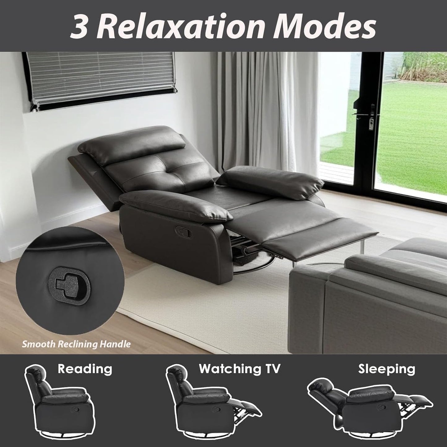 Swivel Rocker Recliner, 360 Swivel Small Recliners with 30 Degree, 90-150 Degree Angle, Faux Leather Lift Chair for Home Theater Seating, Adults, Living Room, Bedroom, Black