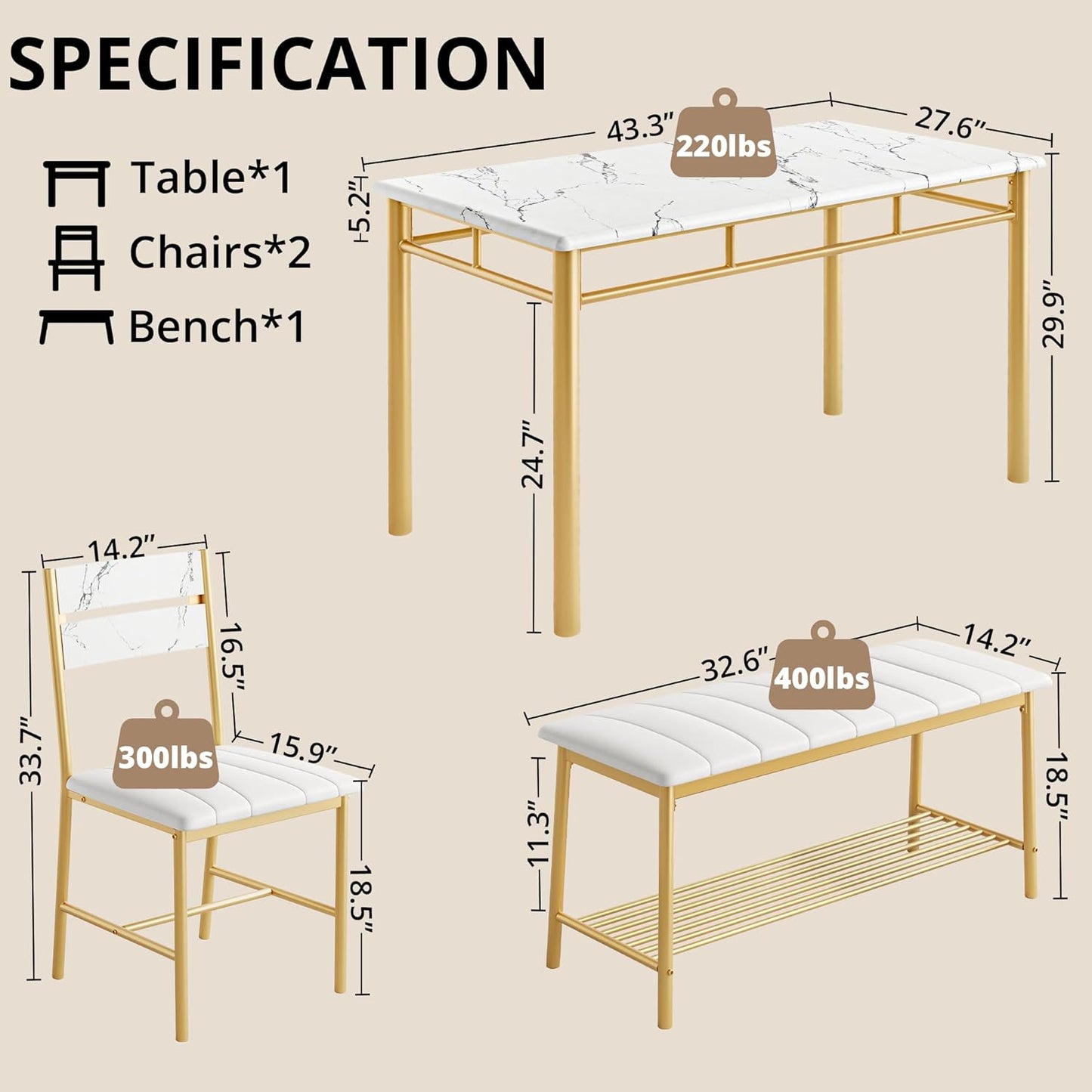 IRONCK Dining Table Set for 4, Kitchen Table with Upholstered Bench and 2 Chairs, Kitchen Table and Chairs Set for Small Space, Apartment, White & Gold