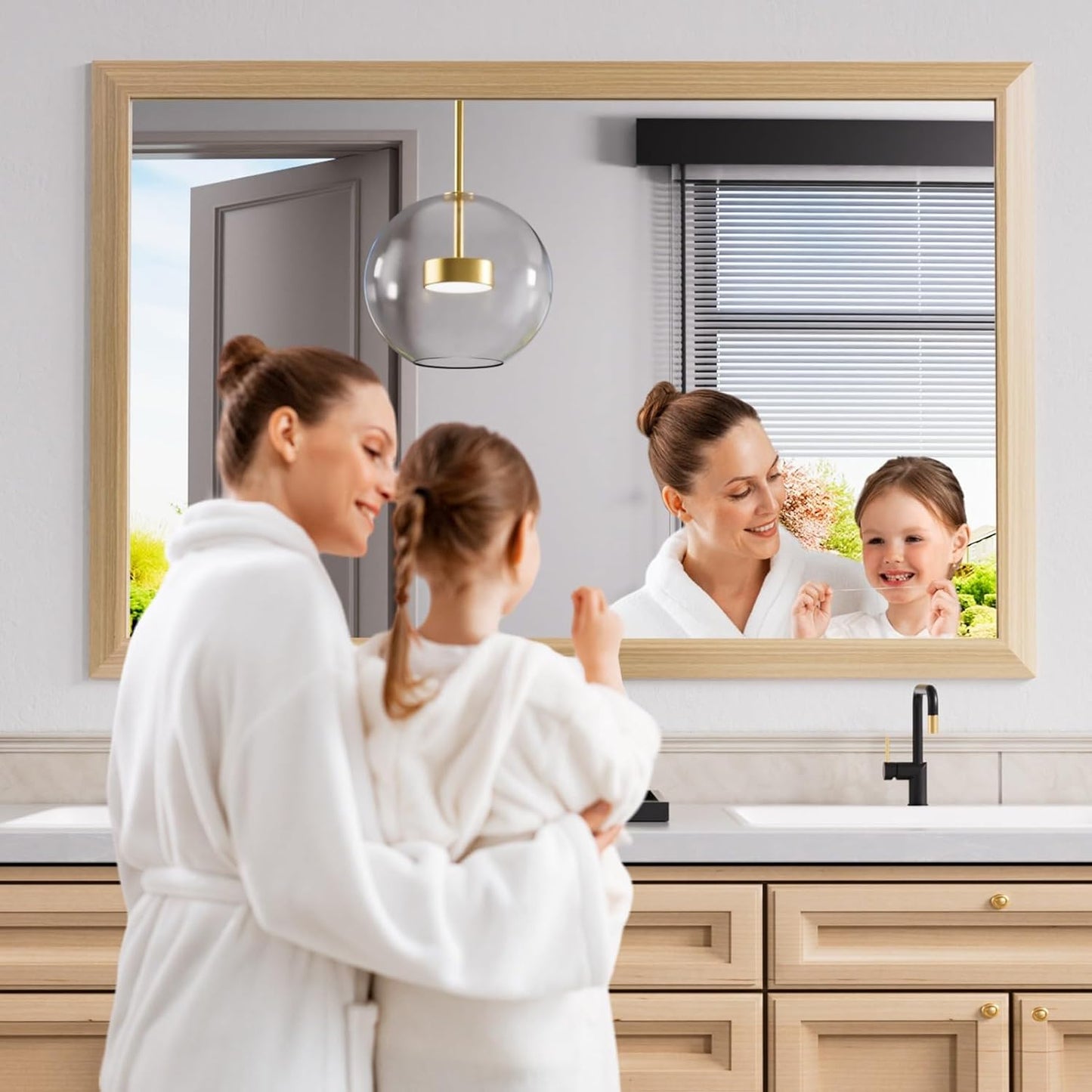 Amorho Bathroom Mirror, 50 X36 Inch Wall Mirror, Oak Wood Grain Metal Framed, Anti-Rust, Hang Horizontally/Vertically, Suitable for Bedroom, Farmhouse, Bathroom, Decorative