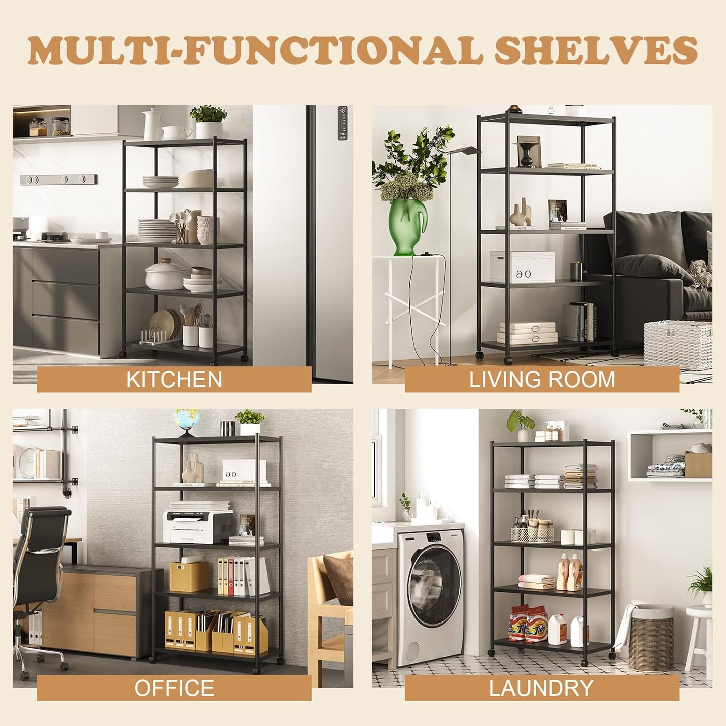 ZZL 5 Tier Large Bookshelf 31.49" Width,Tall Book Shelf Storage and Organization w/Wheels,Industrial Book Shelves for Home Office,Bedroom,School,Living Room(Black)