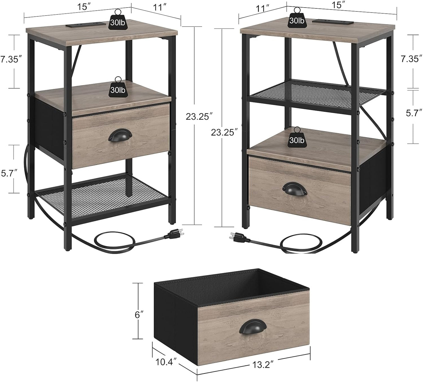 Nightstands Set of 2, Night Stands with Charging Station and Fabric Drawer, Grey Bedside Tables with Drawer, 2- Tier Side Table with Storage, Nightstands with Charging Station,Grey