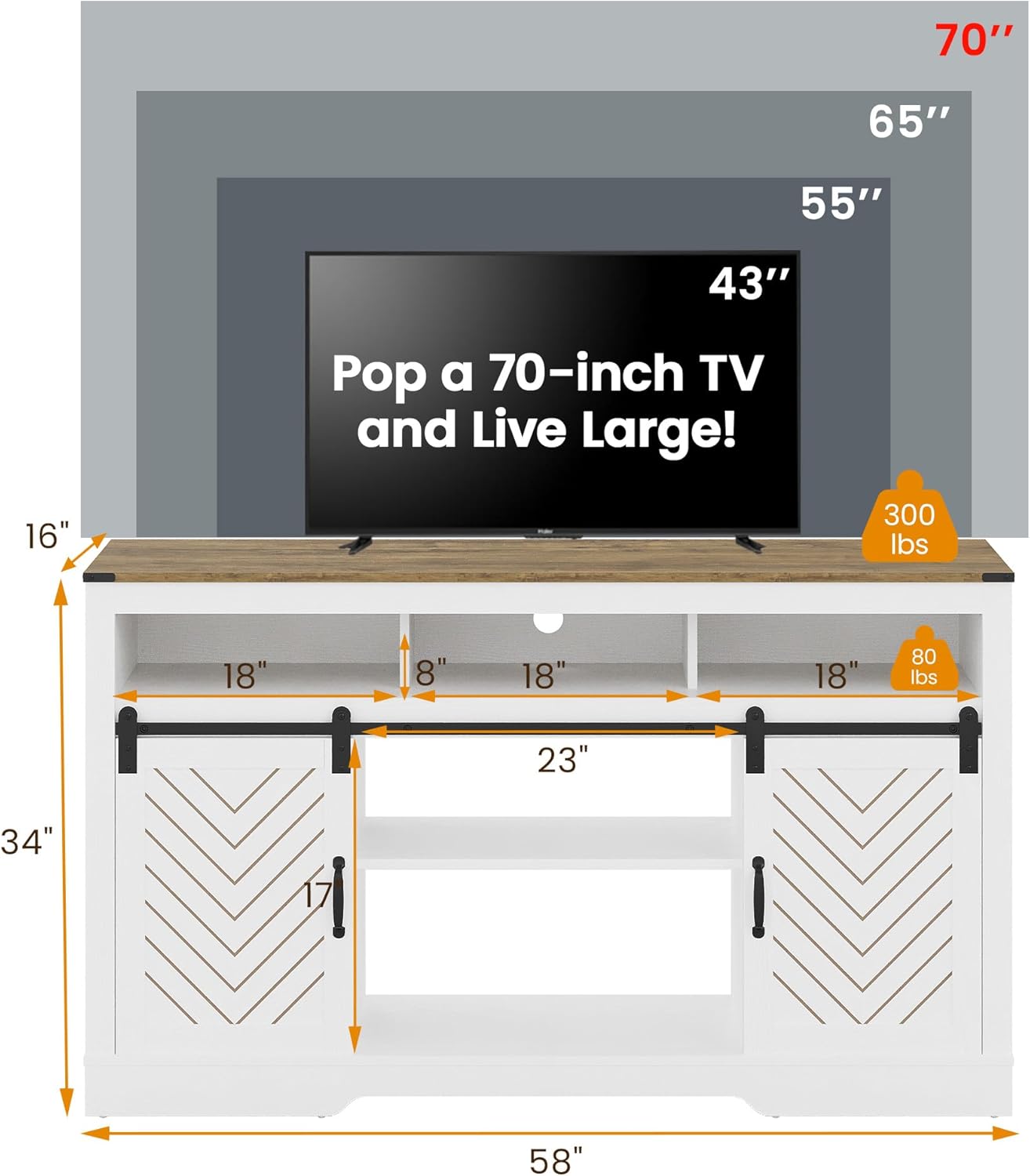 RoyalCraft Farmhouse TV Stand for 23" Electric Fireplace, Tall Entertainment Center for 65+ Inch TV, 34" Tall Rustic TV Console with Sliding Bar Door for Living Room, Wood-Tone and White