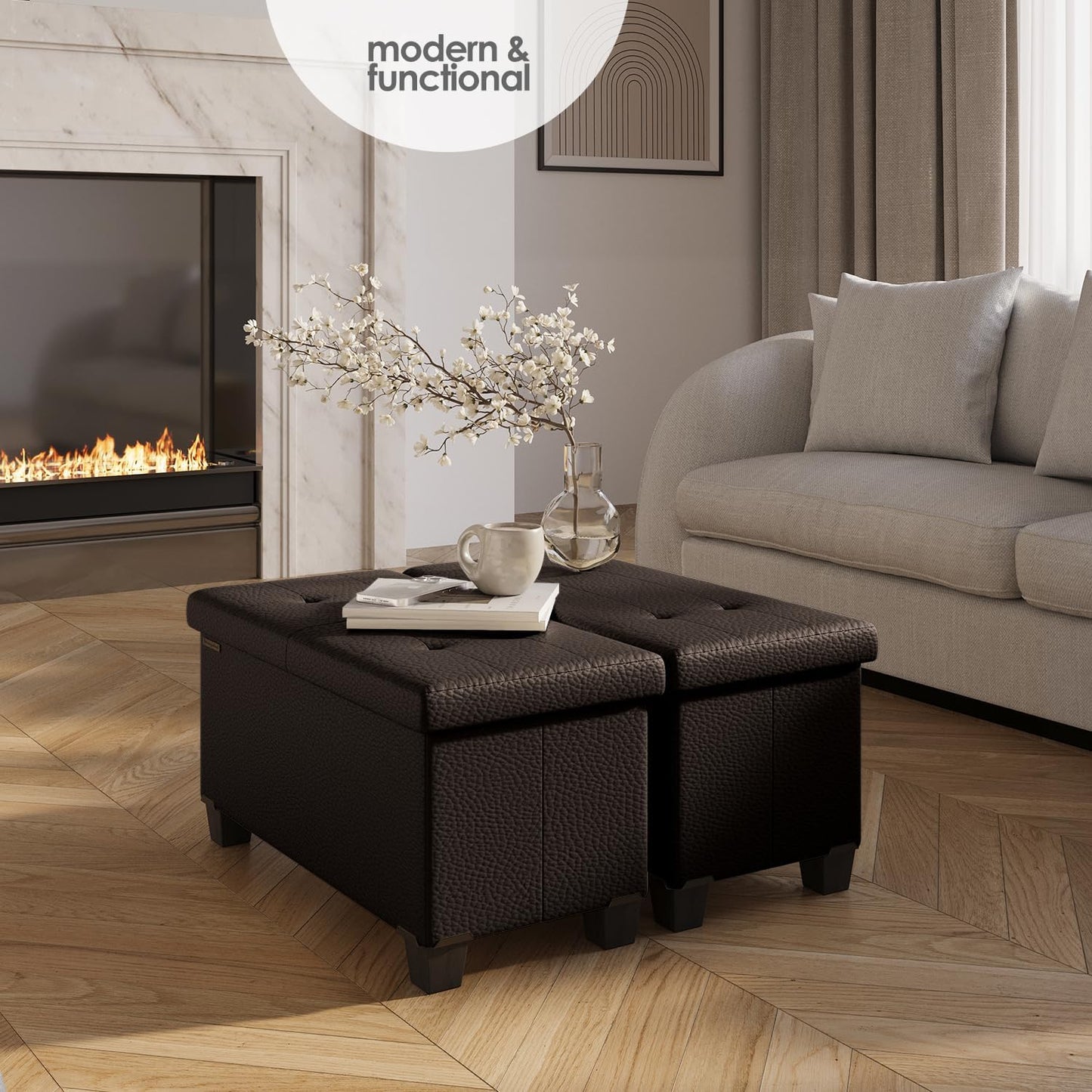 STORAGEBUD Storage Ottoman Bench with Bins, 30-in Storage Bench for Bedroom End of Bed, Folding Foot Rest Ottoman for Living Room Max 660lbs, Faux Leather Ottomans, Brown