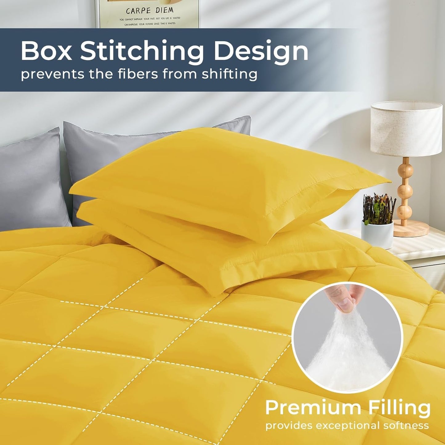 HEVUMYI Queen Comforter Set - 7-Piece All Season Bed in a Bag Queen, Ultra Soft Bedding Set with Comforter, Flat Sheet, Fitted Sheet, Pillowcases, Pillow Shams, Yellow & Light Grey