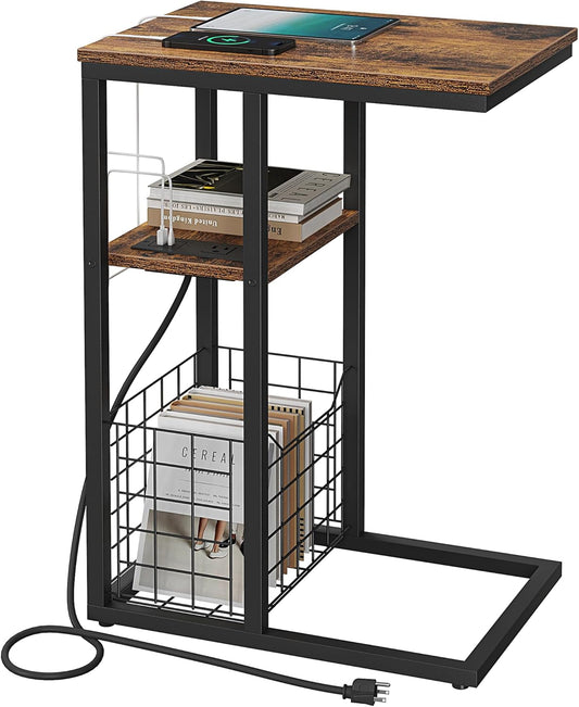 Vagusicc C Shaped End Table with Charging Station, Side Table for Couch, Small Side End Table for Small Spaces, 28" High Slide Under Sofa Table for Coffee, Tv Tray Table for Living Room, Rustic Brown