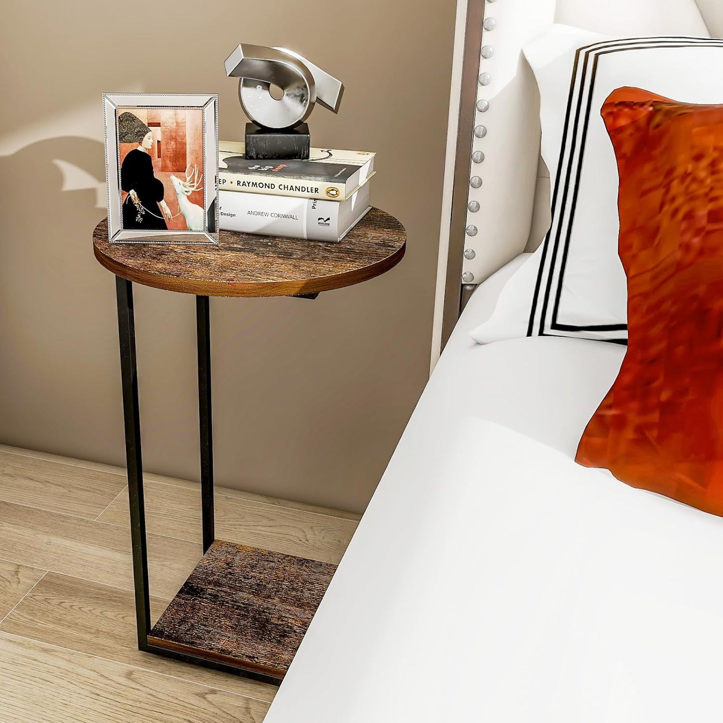 HDANI C Table End Table,Round Side Table That Slide Under,C Shaped End Table for Couch,Small Table for Living Room, Bedroom,Rustic Brown