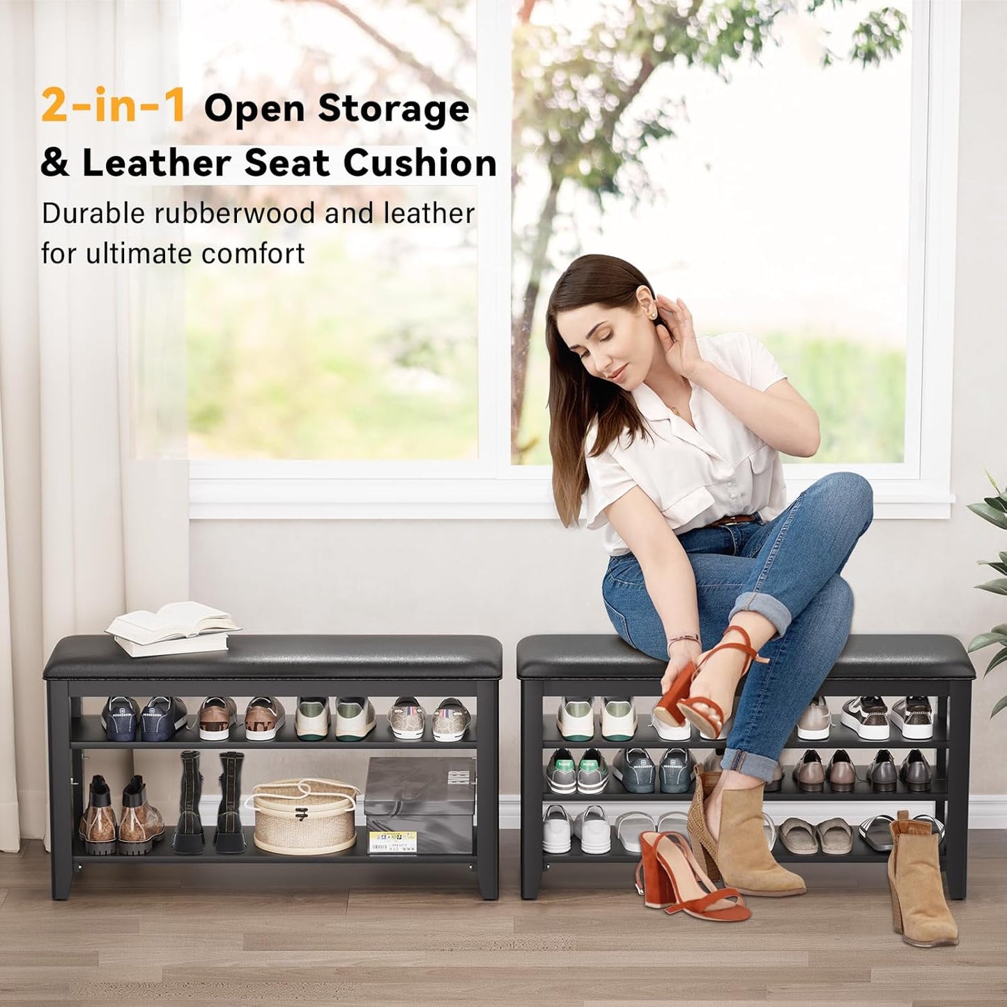 Shoe Bench Storage Rubberwood with Leather Cushion for Entryway Bench Ideal for Hallways Shoe Rack Front Doors Entrances Mudrooms Featuring 3 Height-Adjustable and Removable Shelves