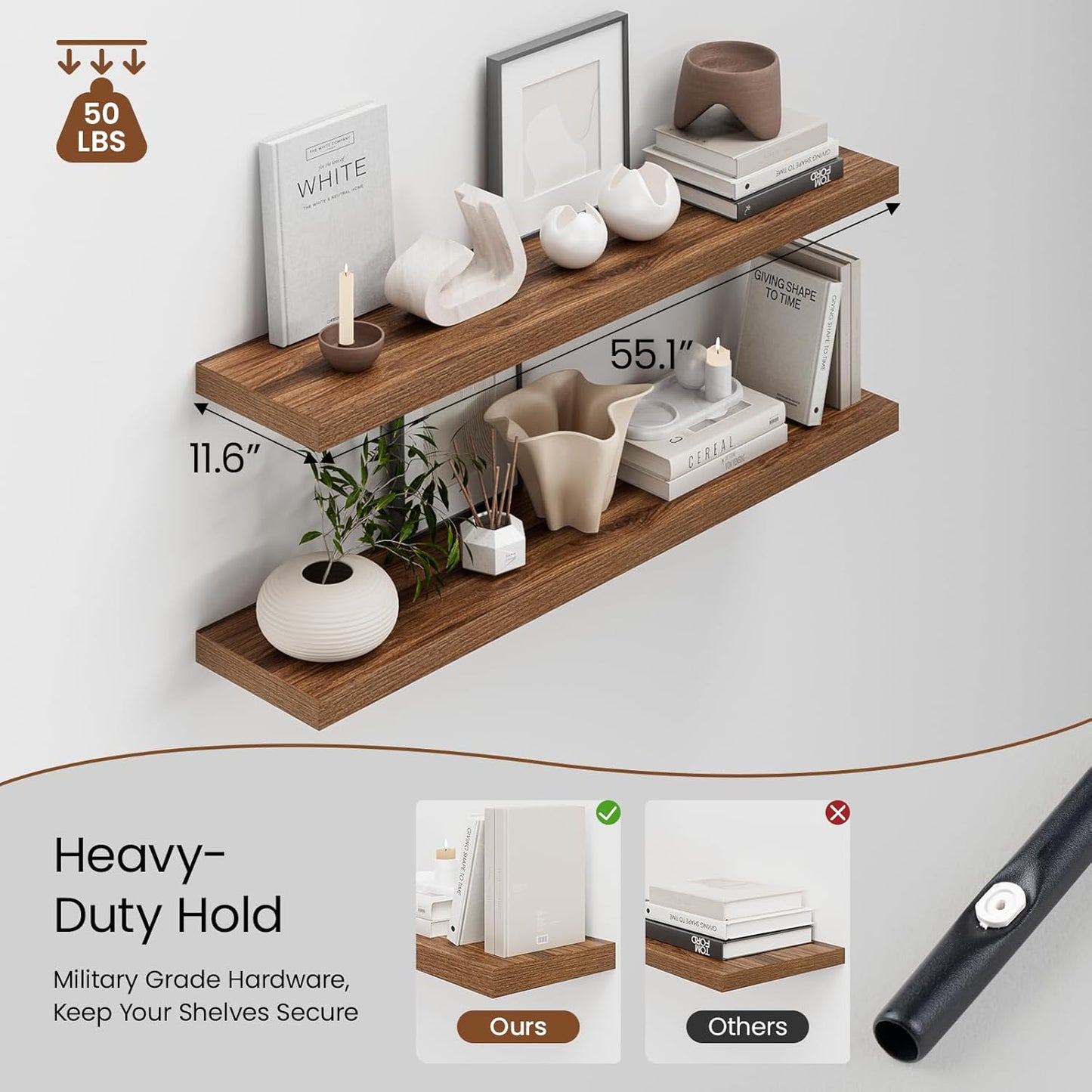 Heimlove 12 Inch Deep Floating Shelves, 55 x 12 inch Extra Long Floating Shelves for Wall, Large Display Shelf & Storage Shelf for Living Room Bedroom Kitchen Home Office, Set of 2, Walnut