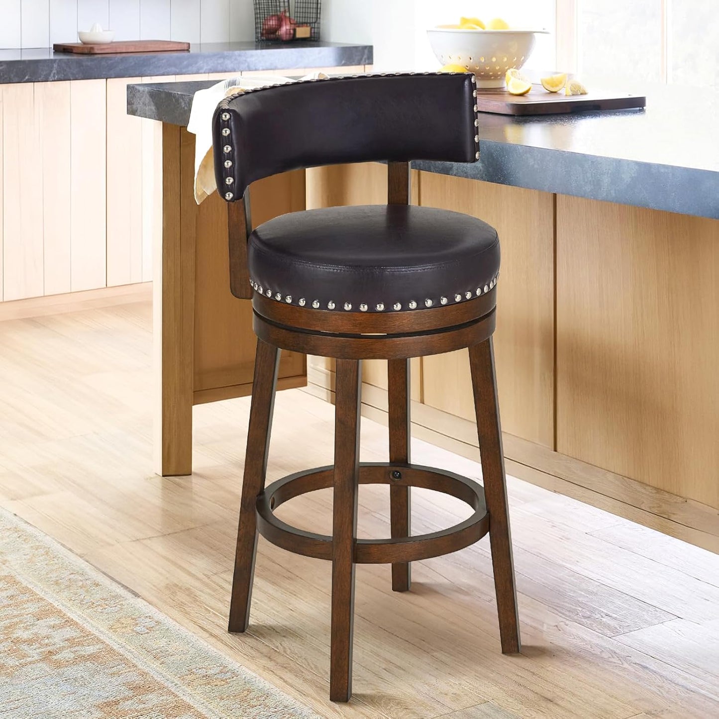COLAMY Swivel Bar Stool, Swivel Bar Height Bar Stool, Modern Swivel Barstool with Back, Upholstered Wood Barstool for Kitchen Island Dining Room Bar, Dark Brown, FM-4840-30-DarkBrown-L