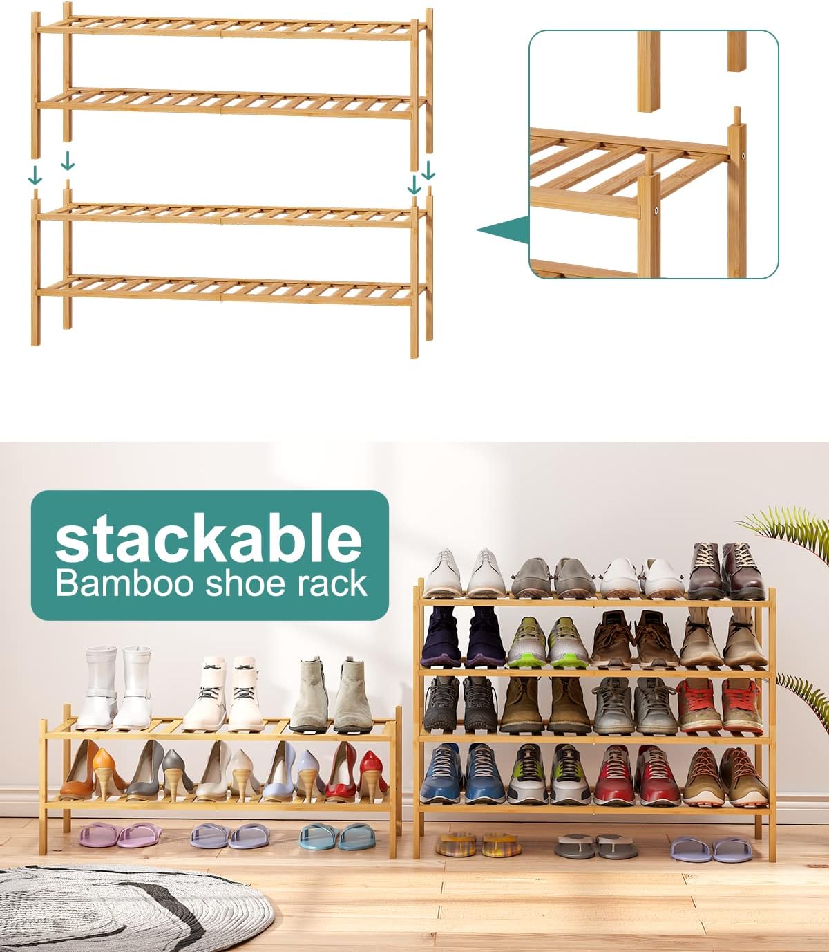 Shoe Rack, 4-Tier Long Shoe Rack for Entryway, Bamboo Wood Shoe Shelf for Closet & Hallway, Long 33IN | Beautiful | Functional | Sturdy | Durable