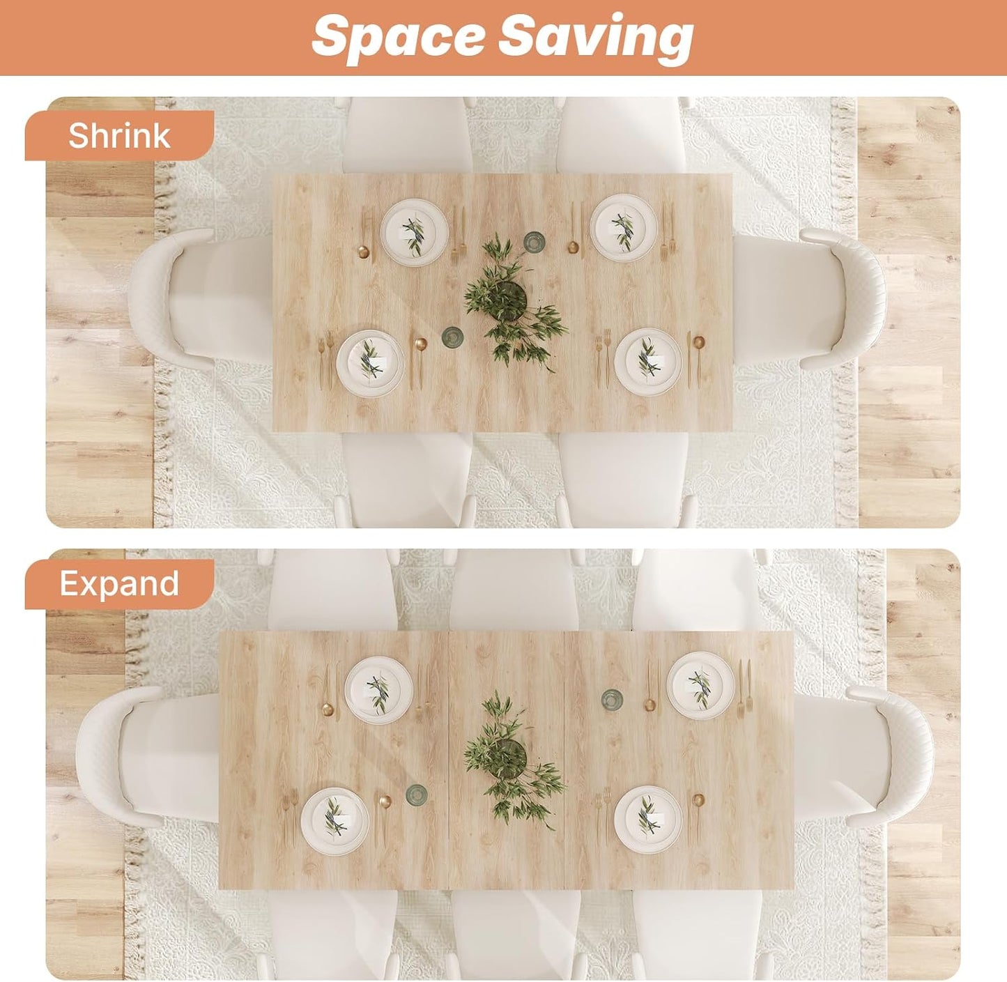 63"-78.7" Expandable Dining Table, 6-10 Farmhouse Kitchen Table, Extendable Dining Room Tables, Rectangular Table with Metal Track, Stable Central Column Base for Living Room, Home-Oak