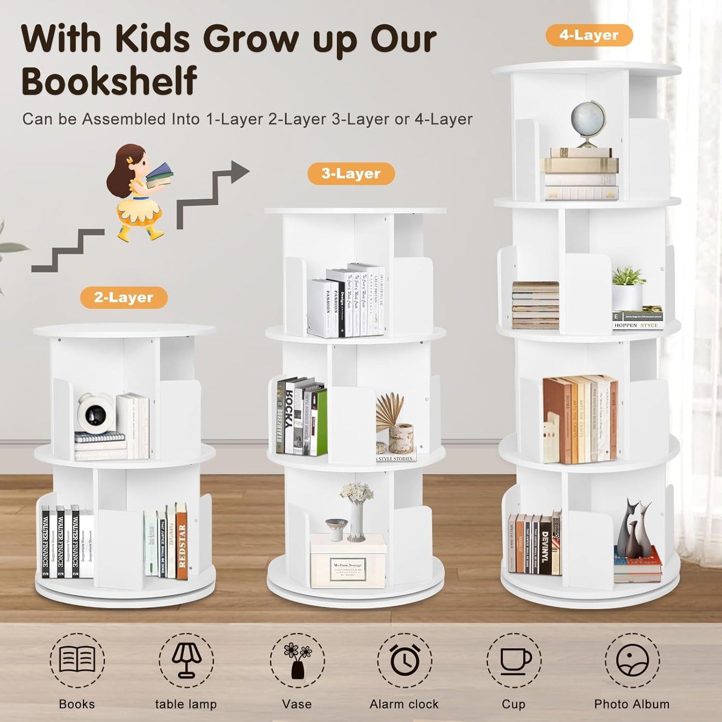 Rotating Bookshelf,Wooden Rotating Corner 4-Tier 360 Display Spinning Floor Standing Bookcase White Stackable Bookshelf Storage Rack Organizer for Small Space Bedroom Living Room Study Room