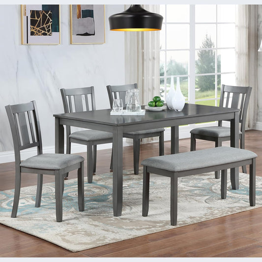 soges 6 Piece Kitchen Dining Table Set, Wooden Dining Table with 4 Upholstered Chairs and a Bench for 6 People, Living Room, Home and Kitchen, Table Chairs Set, Grey