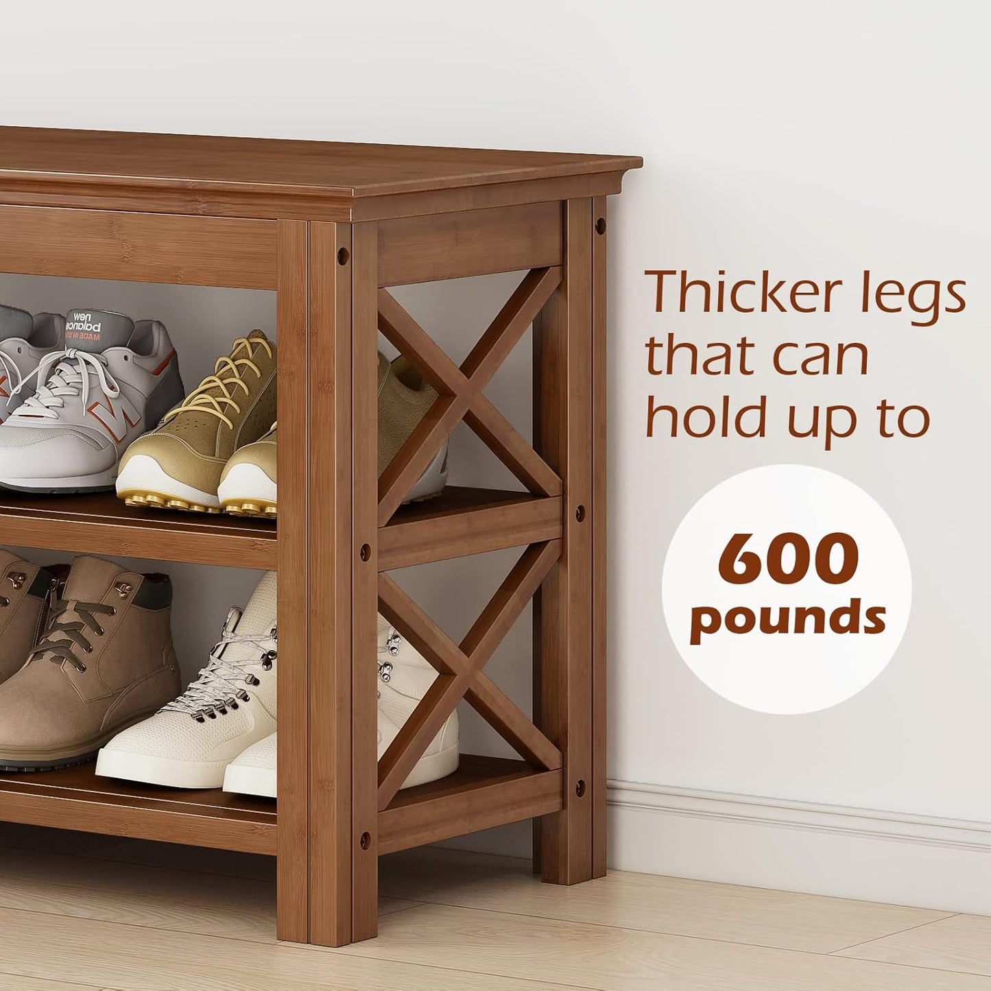 Bamworld Shoe Rack Bench with Storage 3 Tier Bamboo Shoe Bench Entryway Rustic Solid Wood Entryway Bench (X-Brown,39.4")