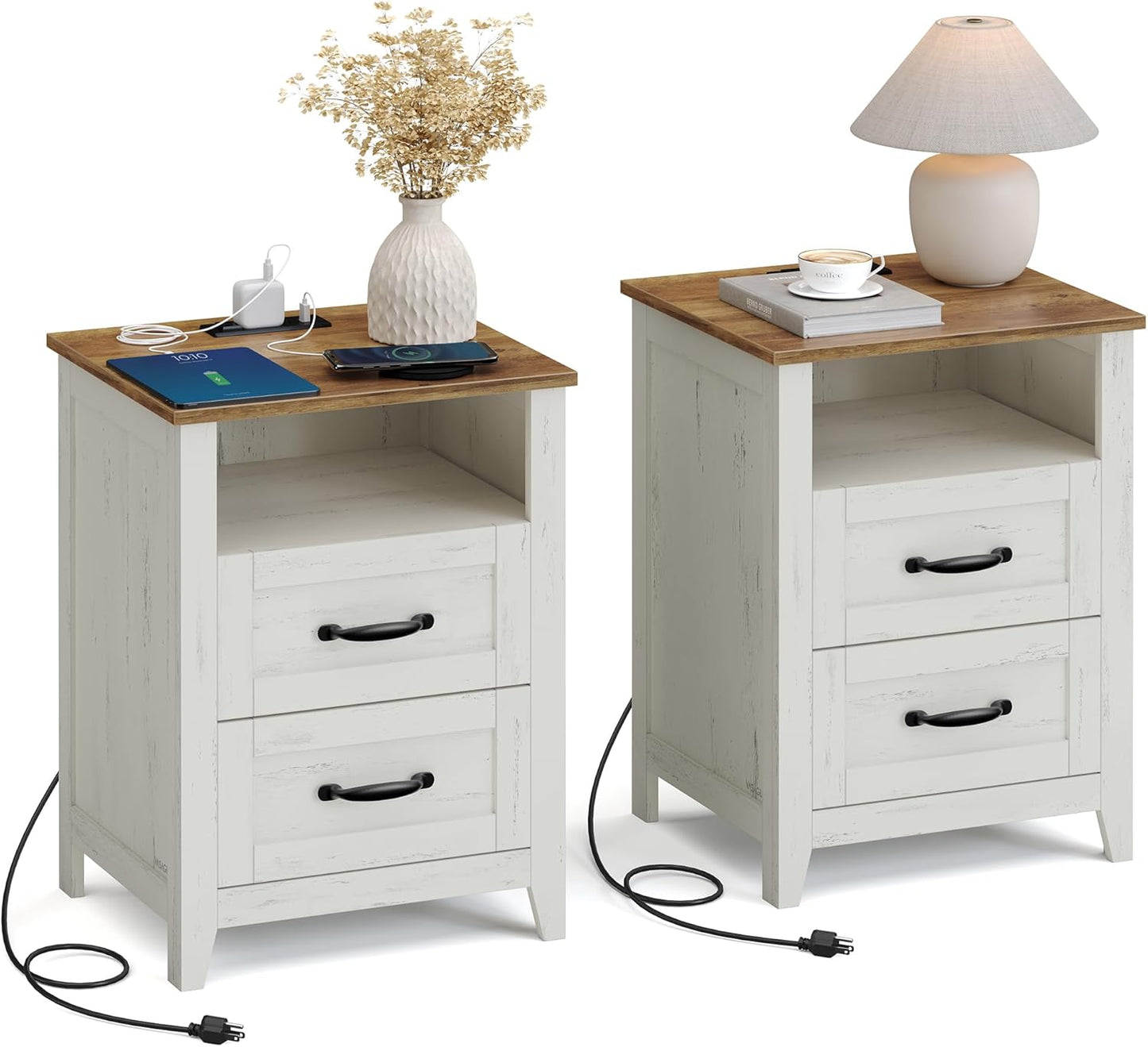 VASAGLE LIRY Collection - Farmhouse Nightstands with Charging Station, Set of 2 Bedside Tables, Side Tables with 2 Drawers, Open Compartment, for Bedroom, Rustic White and Honey Brown ULET869W01