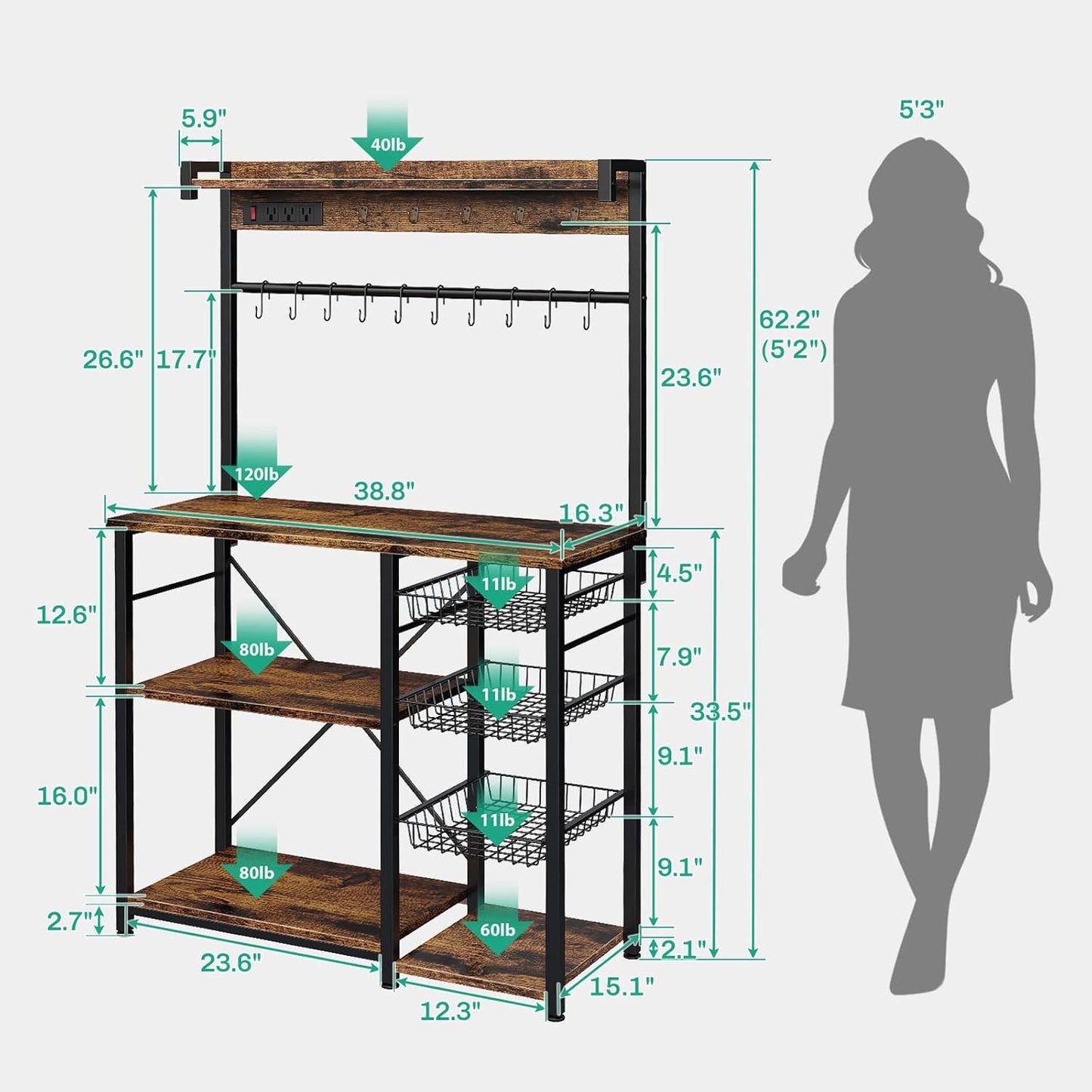 Large Bakers Rack with Power Outlets 38.8 Inches, 15 Hooks Coffee Bar with 3 Wire Basket, Microwave Stand Kitchen Storage Shelf for Spices, Cups, Pots, 38.8 x 16.3 x 62.2 in, Rustic Brown