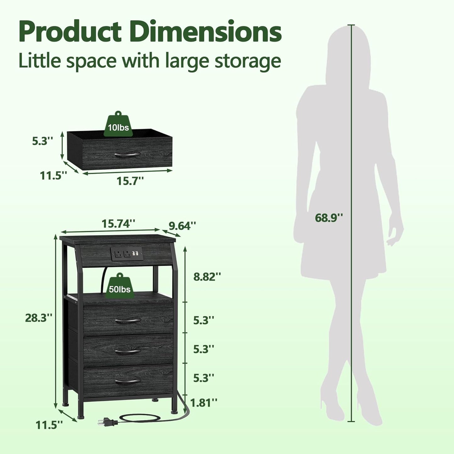 Furnulem Night Stand with Charging Station, 28.3 Inch Tall Side Table with Fabric Drawers and Storage Shelf, Bedside Table with USB Ports & Outlets, Nightstand for Bedroom, 3 Ways to Use, Black Oak