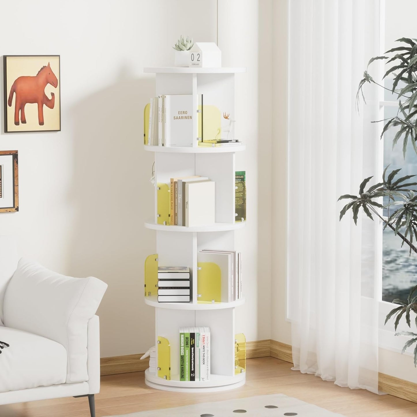 VECELO Rotating Bookshelf Tower, 360°Spinning Bookcase, Modern Tall Book Shelf Storage Display Rack Floor Standing, 4-Tier Swivel Storage Rack for Kids&Adults Solid Wood, White