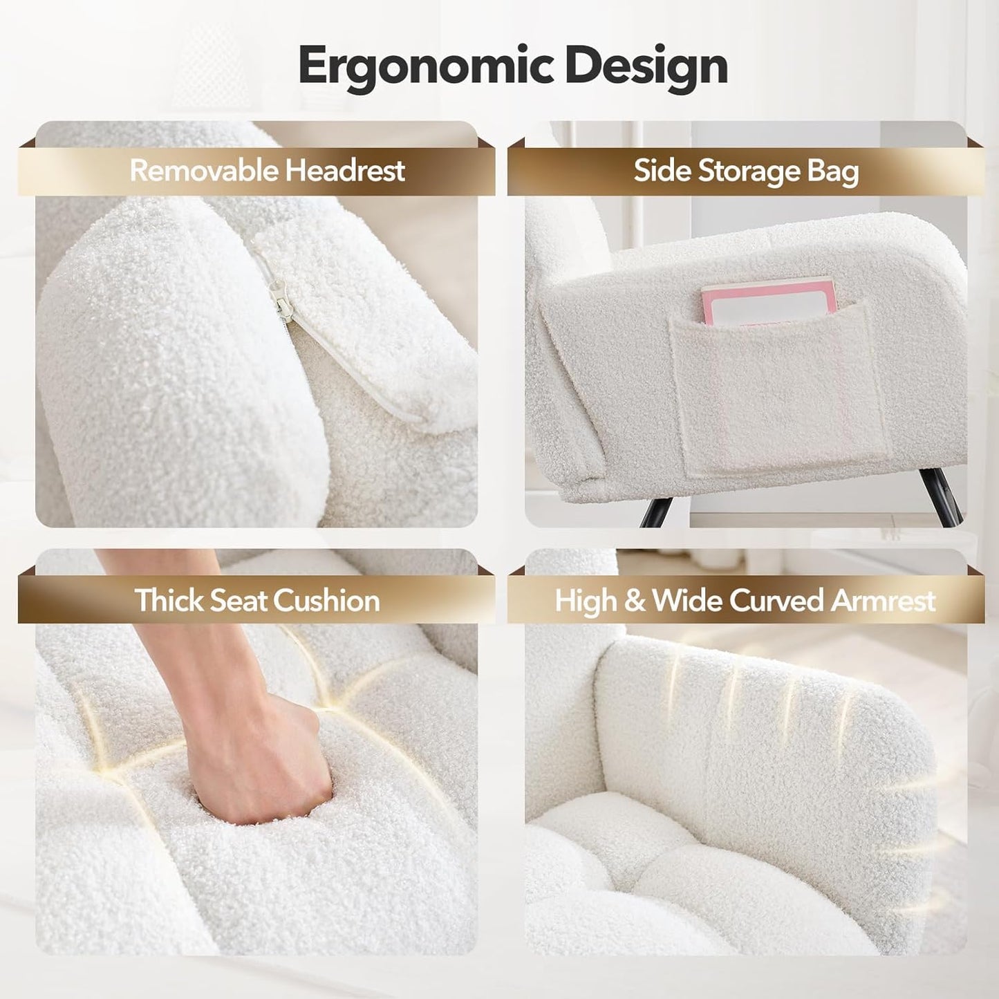 Nursery Rocking Chair,300Lb Glider Chair with Wood Legs/Two Side Pockets,Teddy Upholstered Glider Rocker with Padded Seat High Backrest for Living Room/Bedroom/Nursery