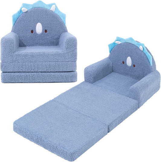 MOONBEEKI 2-in-1 Foldable Toddler Couch, Soft Sherpa Fabric with Washable Cover, Convertible Sofa to Lounger, Kids Sofa for Playroom, Bedroom, Living Room, Birthday Gift, Ages 1-3, Blue Triceratops