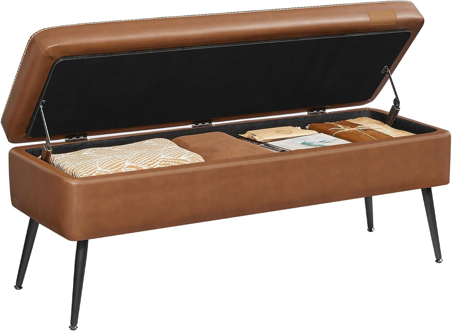 VASAGLE EKHO Collection - Storage Ottoman Bench, Entryway Bedroom Bench, 15 Gallons, Synthetic Leather with Stitching, Mid-Century Modern, Safety Hinges, Loads 660 lb, Caramel Brown ULOM074K01