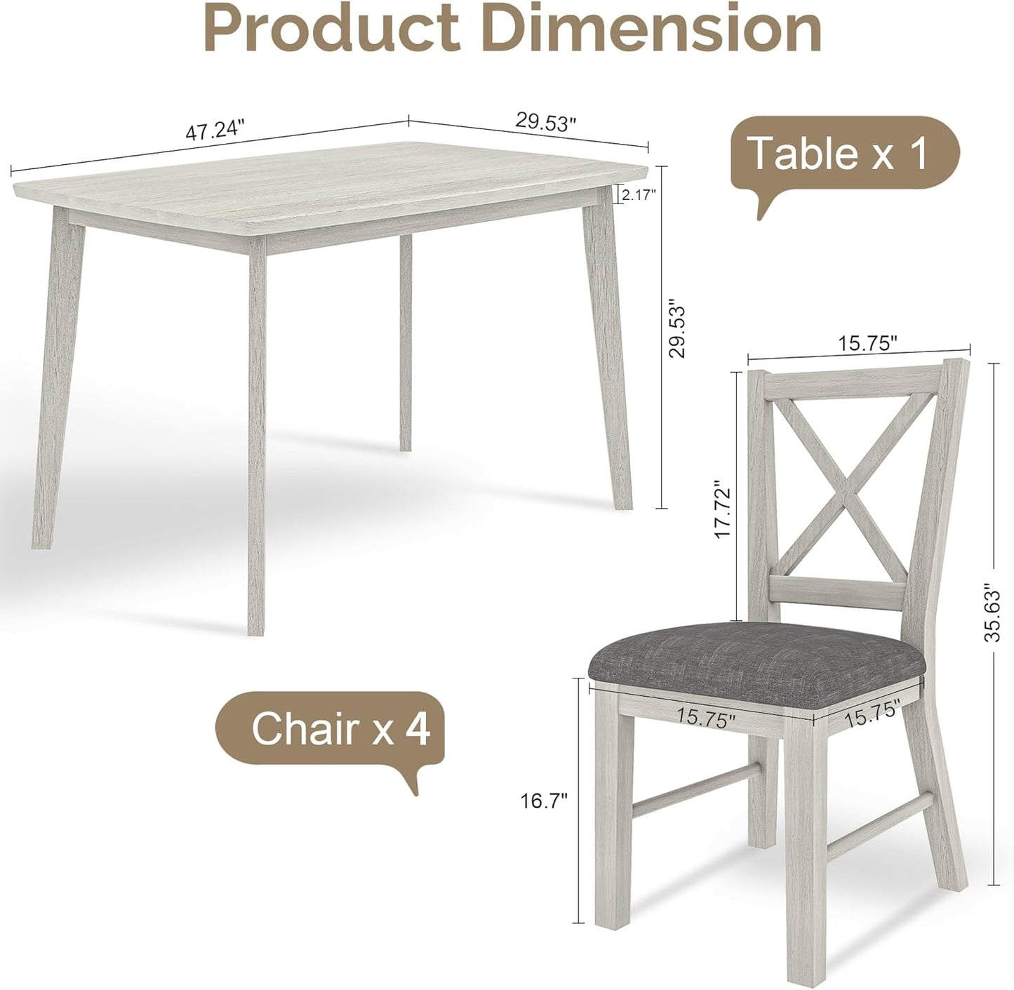 5-Piece Dining Table Set for 4, Solid Wood Kitchen Table Set with 4 Upholstered Dining Chairs, 47'' Farmhouse Structure Table & Chair Set for Kitchen, Dining Room, Restaurant, Washed Gray