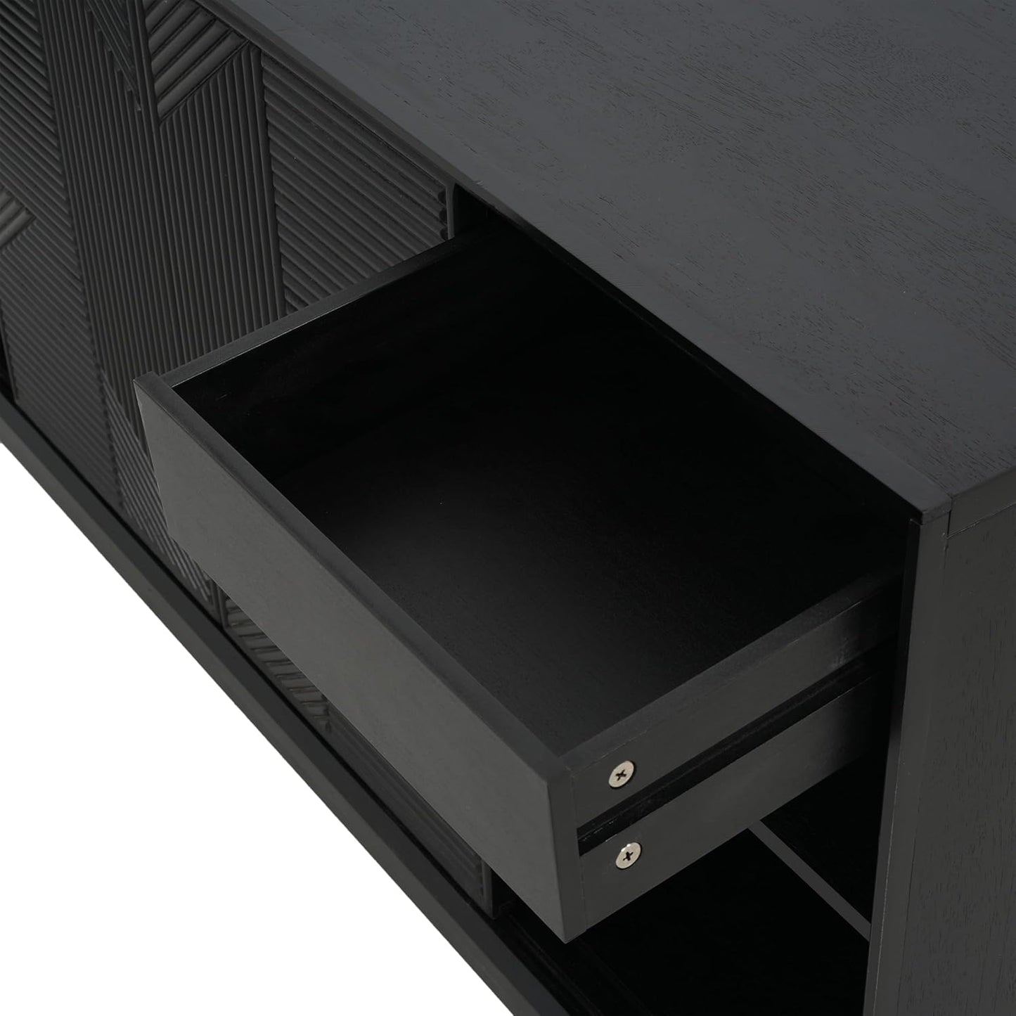 Merax Modern Geometric Accent Cabinet, Vertical Striped Design Sideboard Buffet with Two Drawers, Sliding Doors, Wood Veneer Top, Minimalist Storage Cabinet for Study, Entryway and Living Room, Black