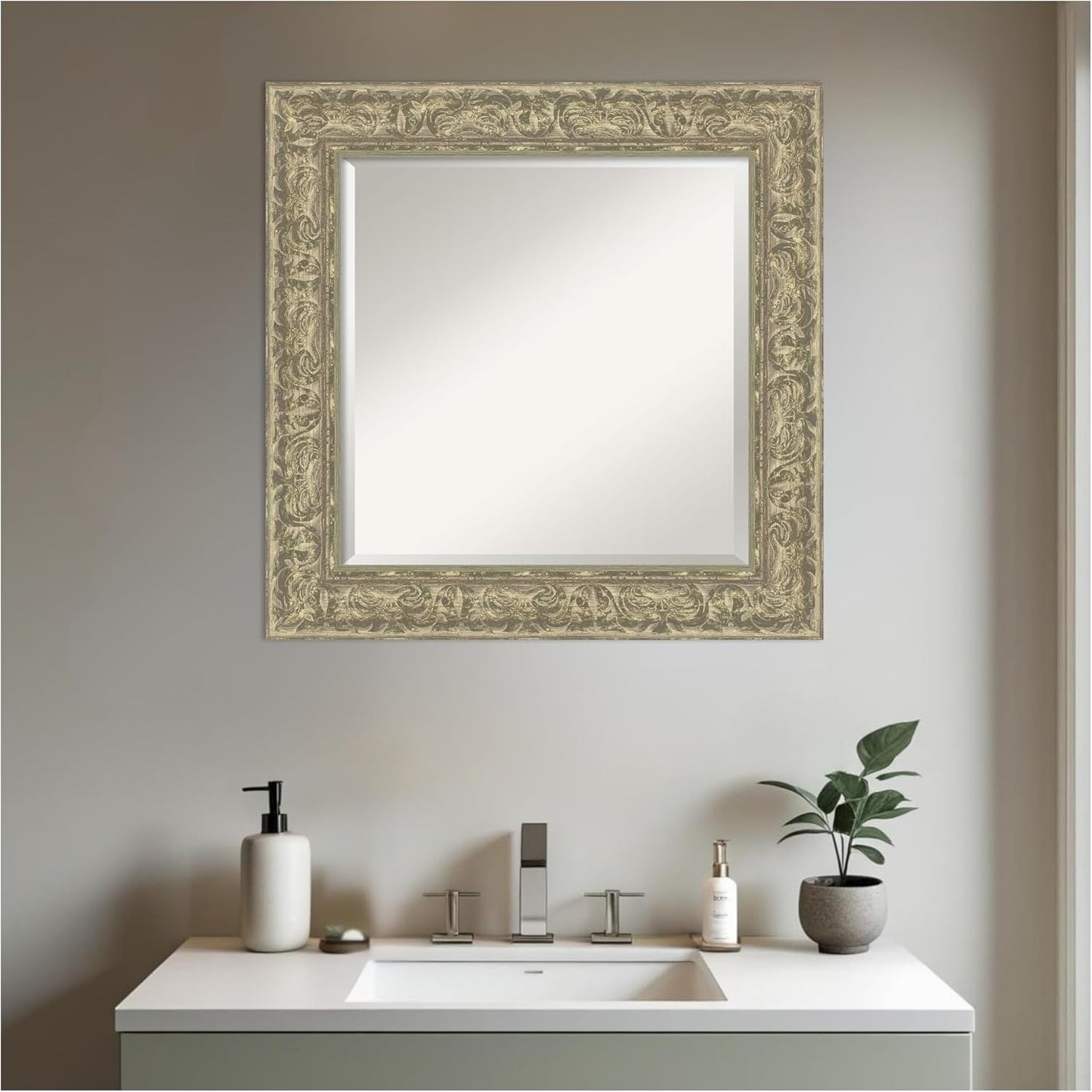 Amanti Art Silver Bathroom Mirror for Over Sink, 27x27 Luxe Antique Silver Square Vanity Mirror, Medium Traditional Frame, Hangs Horizonally and Vertically, Bathroom Wall Decor, Beveled Edge